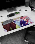 32x16 inches mouse pad showing a red-haired anime girl lounging on lavender sheets, black tights.