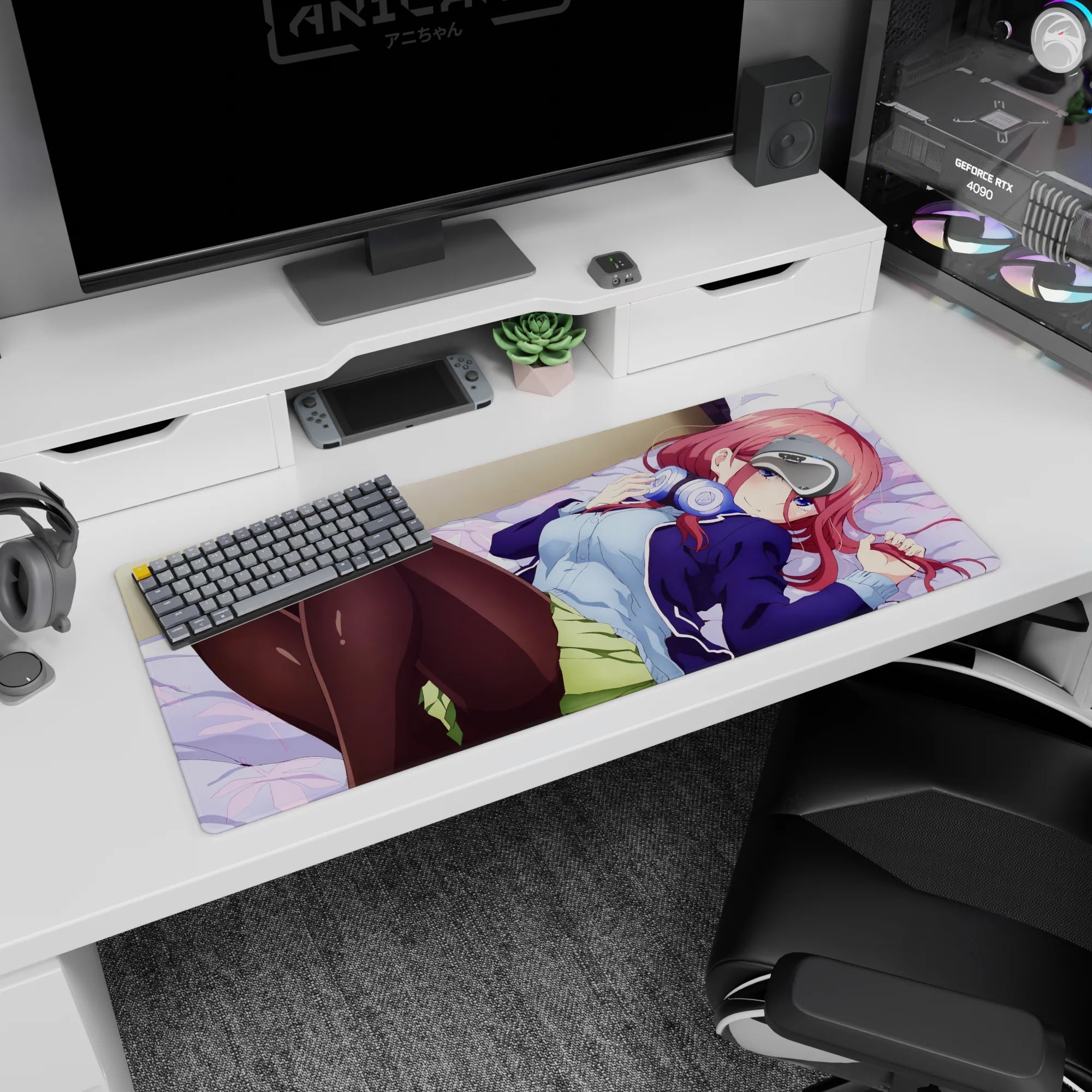 Red-haired anime girl lounging on lavender bedding with headphones and a navy jacket desk pad 36x16 inches.