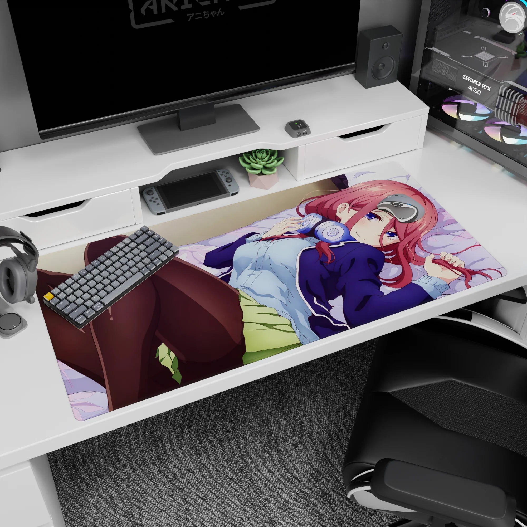 40x20 inches anime girl mouse pad showing redhead in navy jacket and black tights lounging on sheets.