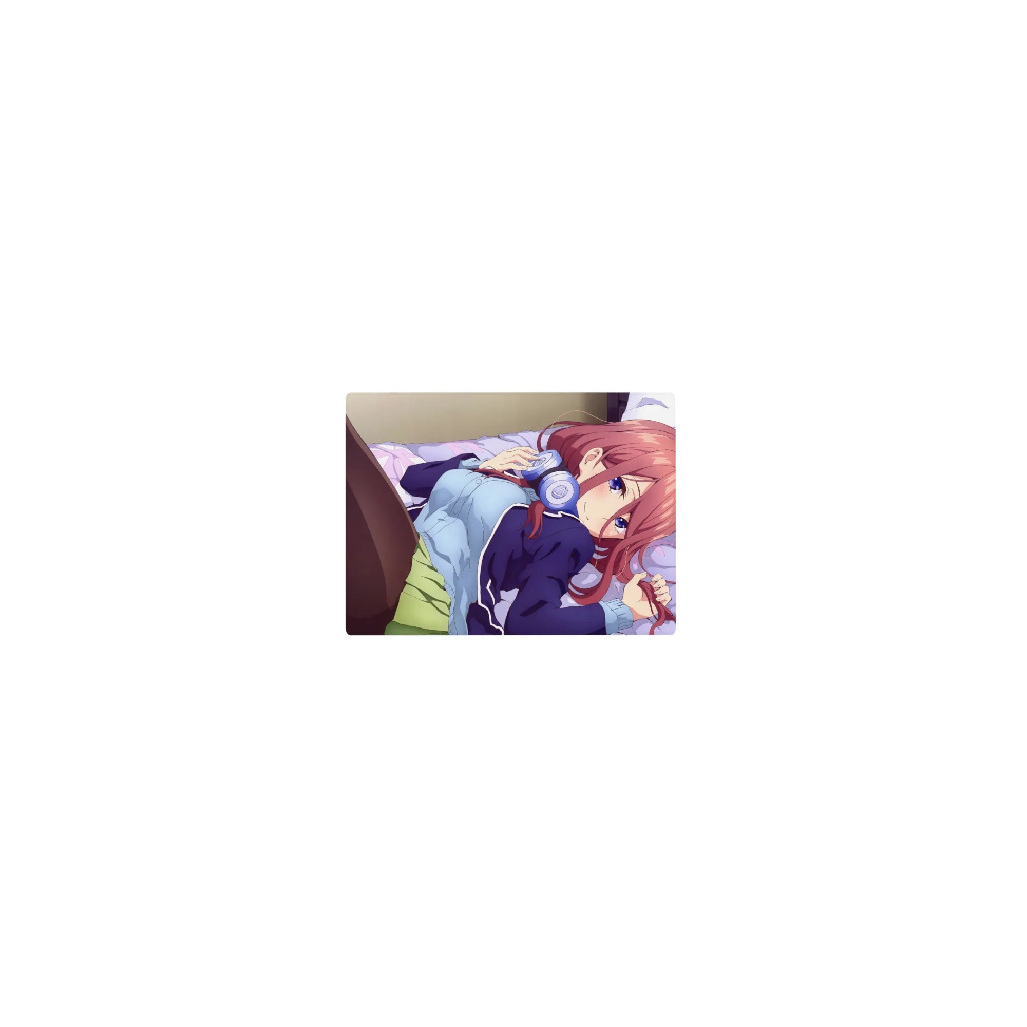 Classic anime girl mouse pad 14x10 inches with red-haired girl, violet eyes, headphones, on lavender bed.