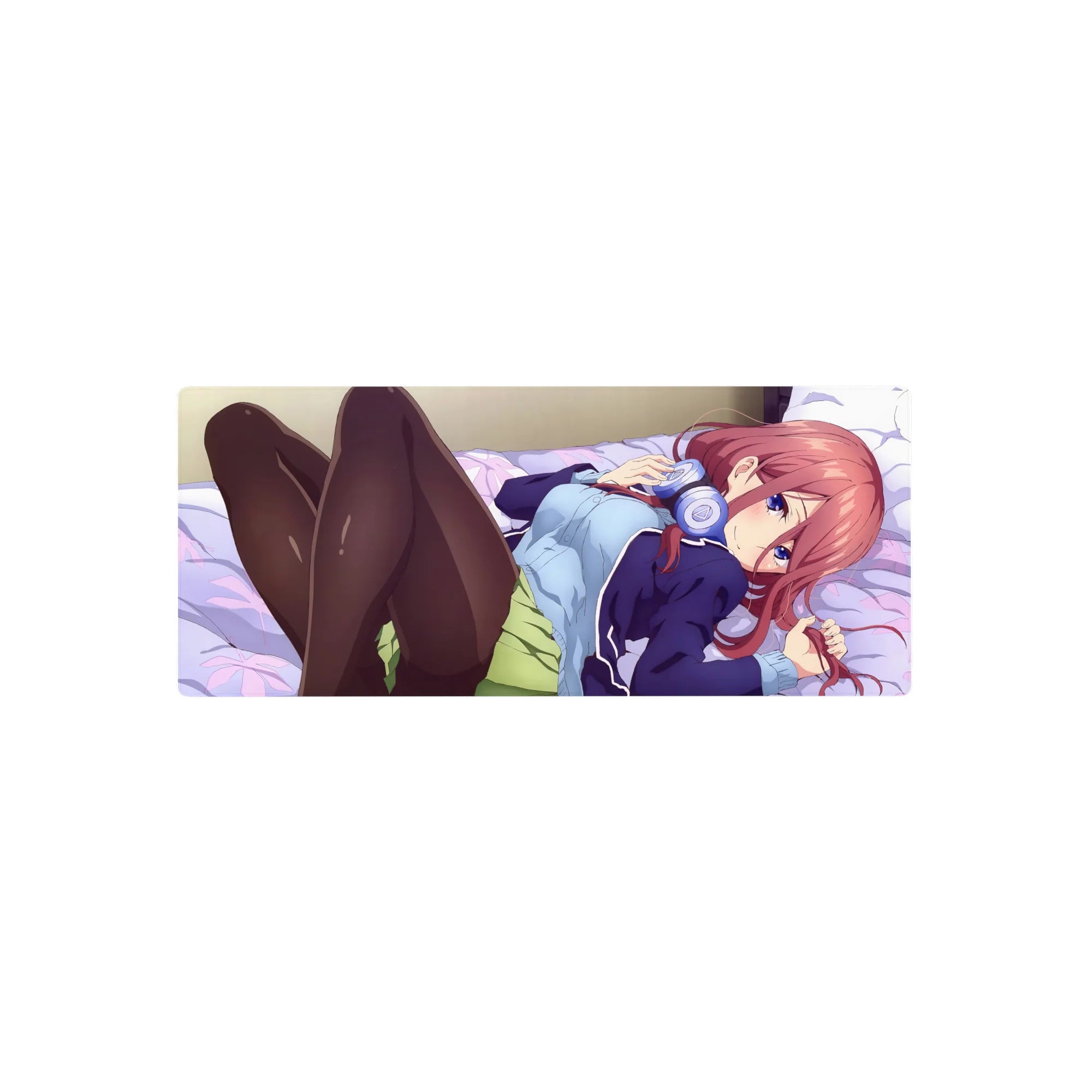 Anime girl mouse pad 28x12 inches with red-haired girl, violet eyes, headphones, on lavender bed.