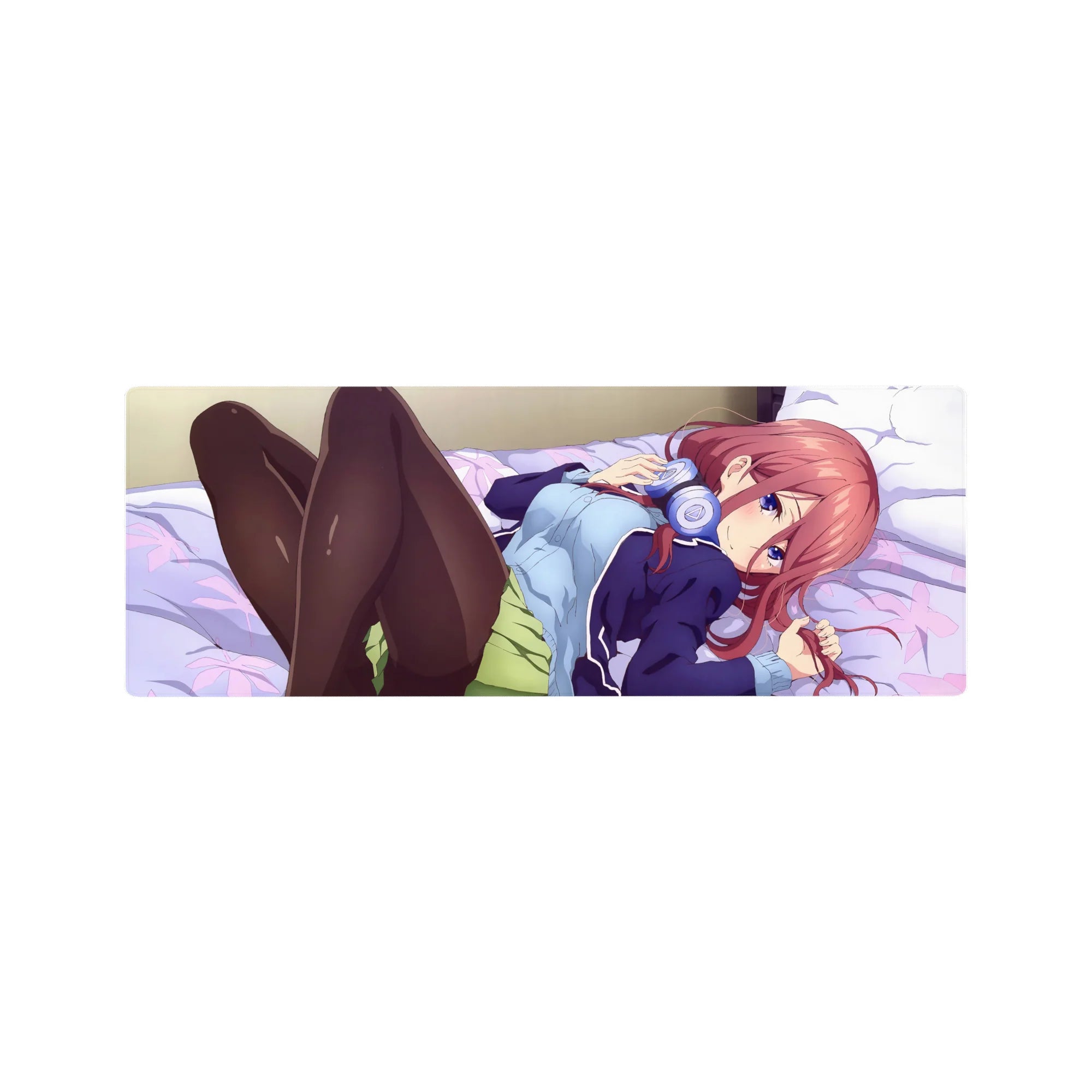 32x12 inches anime girl mouse pad with red-haired girl, violet eyes, headphones, lavender bedding.