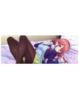 32x12 inches anime girl mouse pad with red-haired girl, violet eyes, headphones, lavender bedding.