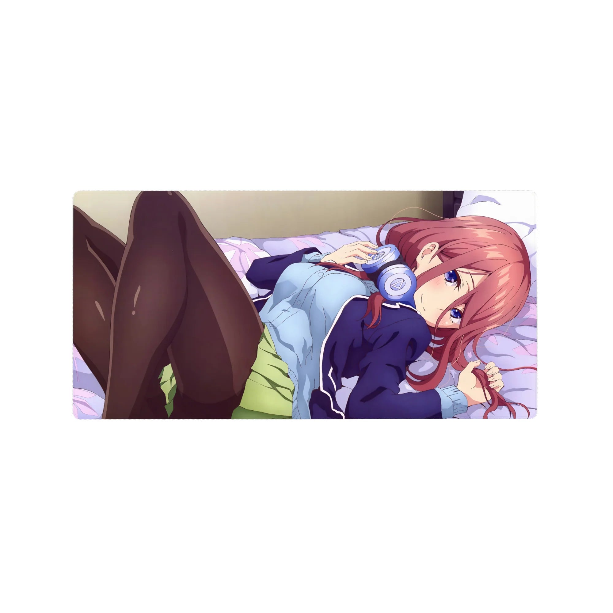 32x16 inches anime girl mouse pad with red-haired girl, violet eyes, headphones, lavender bed scene.