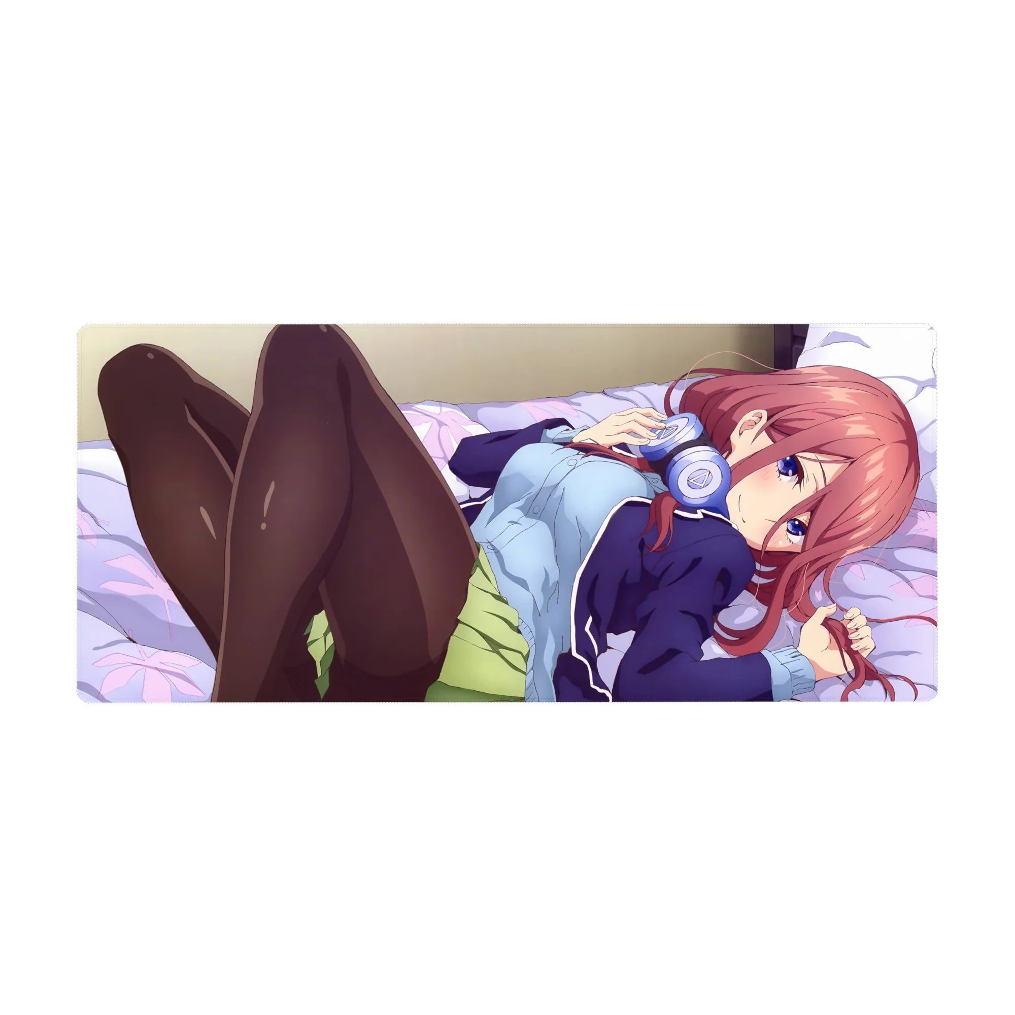 Anime girl desk pad 36x16 inches with red-haired kawaii character, violet eyes, and neck headphones.