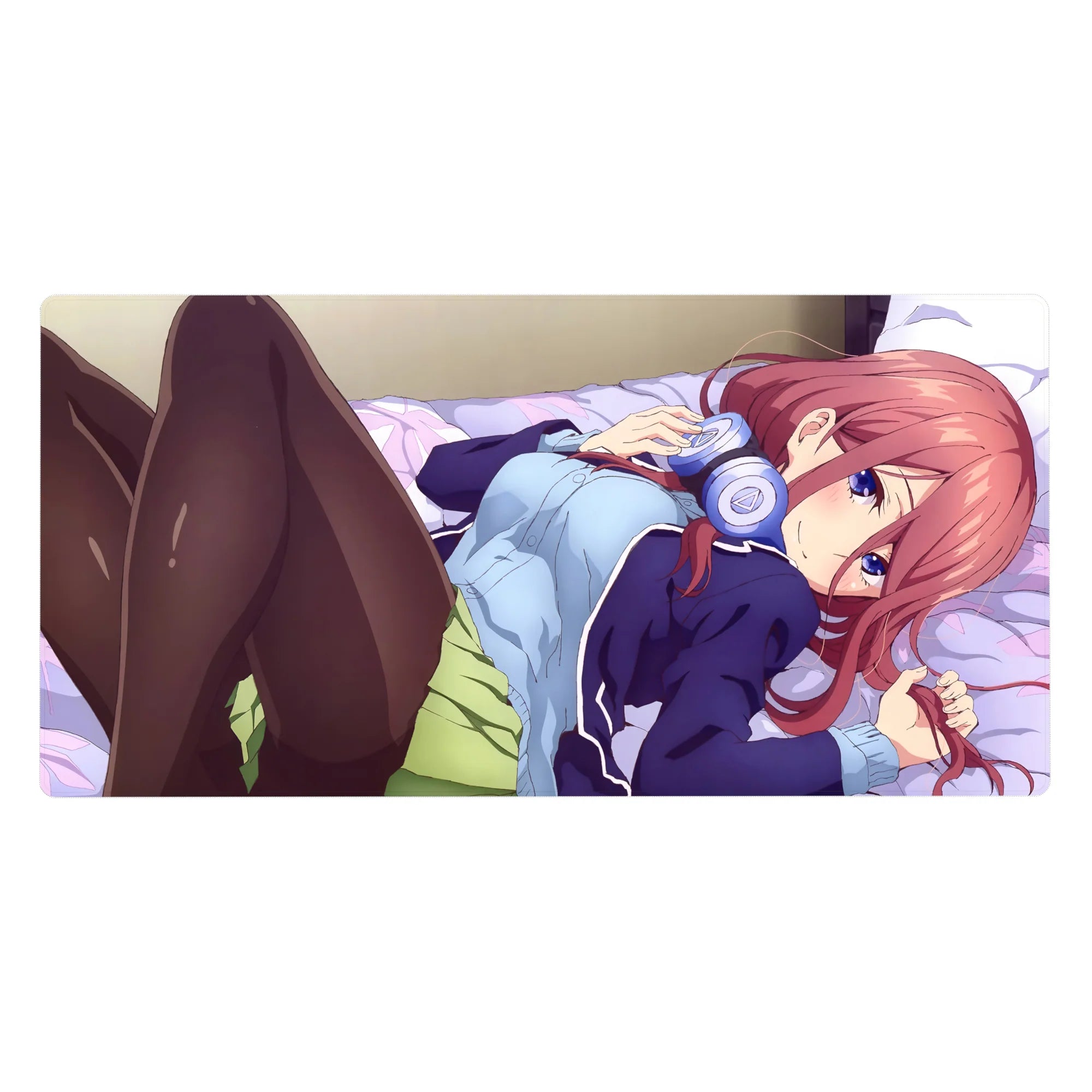 40x20 inches anime girl desk pad with red-haired girl, violet eyes, headphones, lavender bed scene.