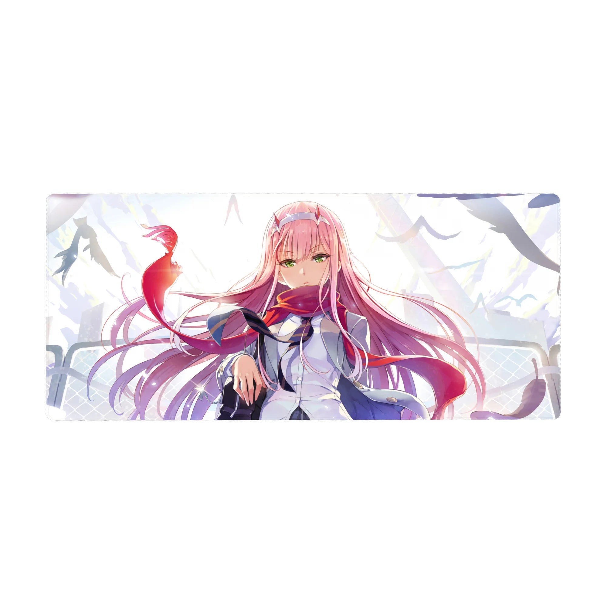 Elegant 36x16 desk pad featuring Zero Two’s flowing pink hair, emerald eyes, and windswept background for a bold anime look