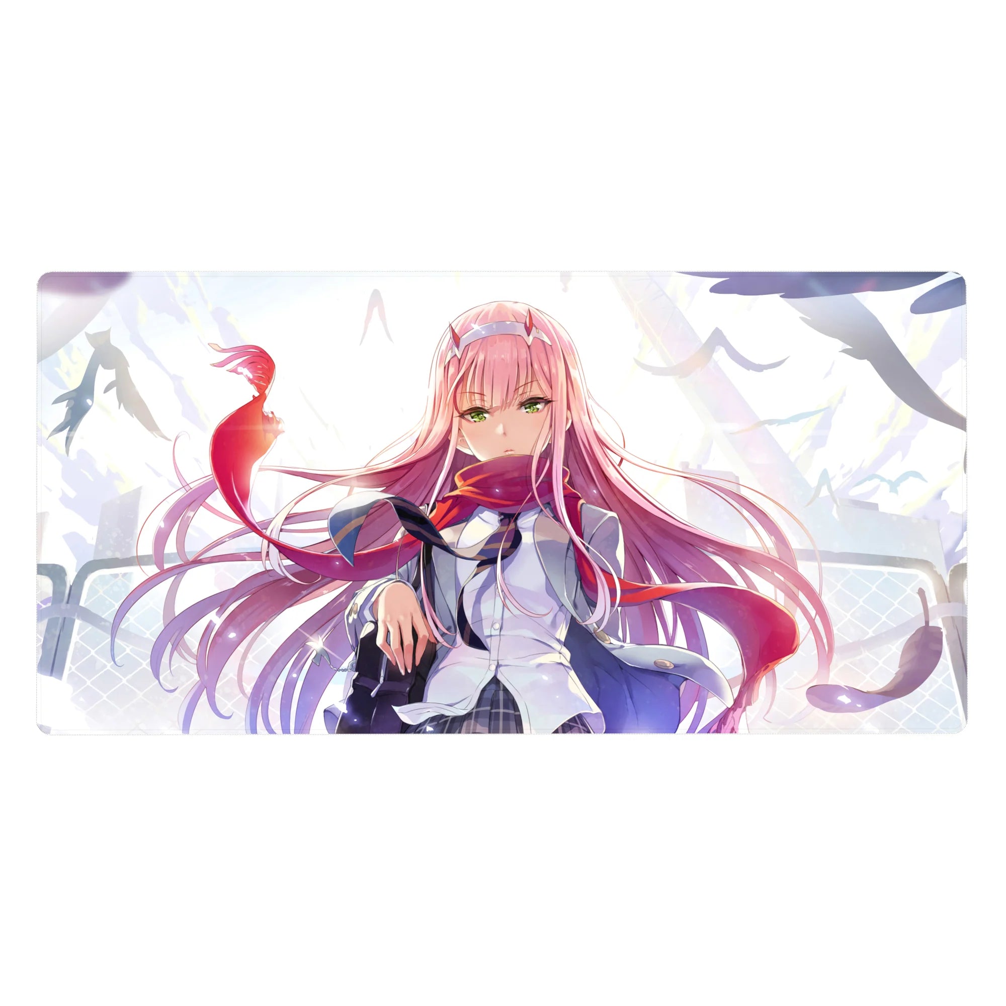 Zero Two 40x20 desk pad featuring flowing pink hair, fierce emerald eyes, and dynamic windswept background for bold elegance