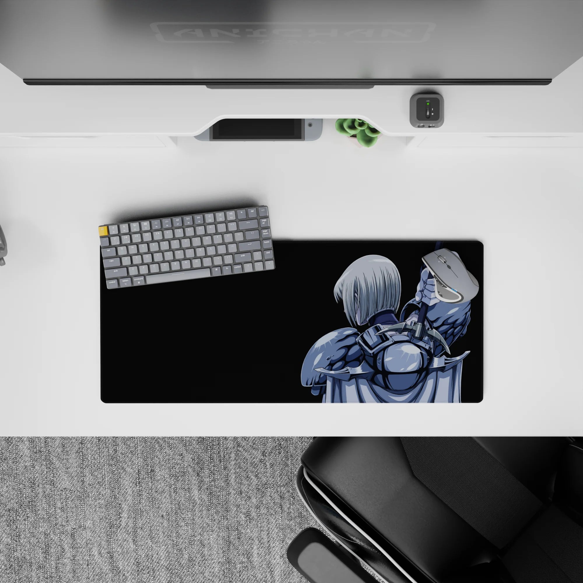 Moody steel-blue and silver anime mouse pad 28x12 inches, glossy highlights on a deep black backdrop.