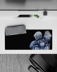 Moody steel-blue and silver anime mouse pad 28x12 inches, glossy highlights on a deep black backdrop.