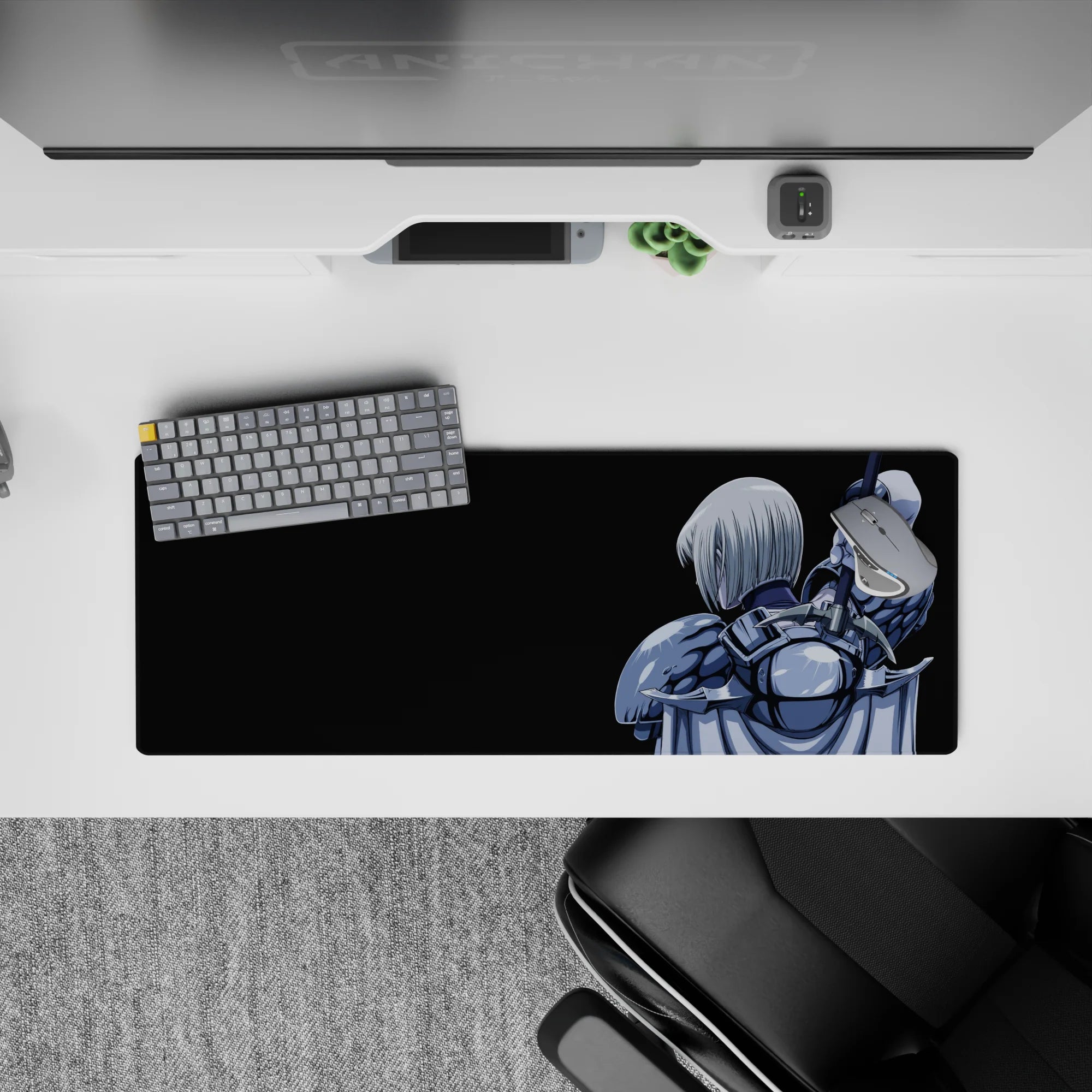 32x12 inches desk mat in steel-blue and silver tones on deep black, moody glossy anime style.