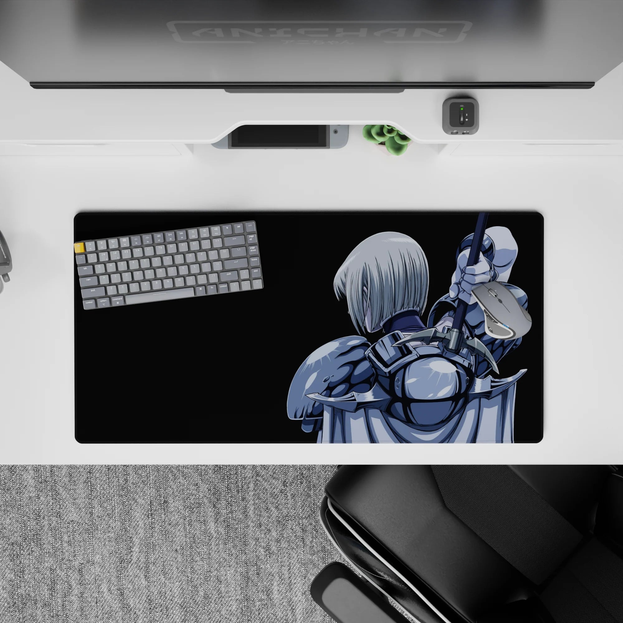32x16 inches anime girl mouse pad in steel-blue and silver on deep black, moody dramatic desk mat.