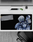 32x16 inches anime girl mouse pad in steel-blue and silver on deep black, moody dramatic desk mat.