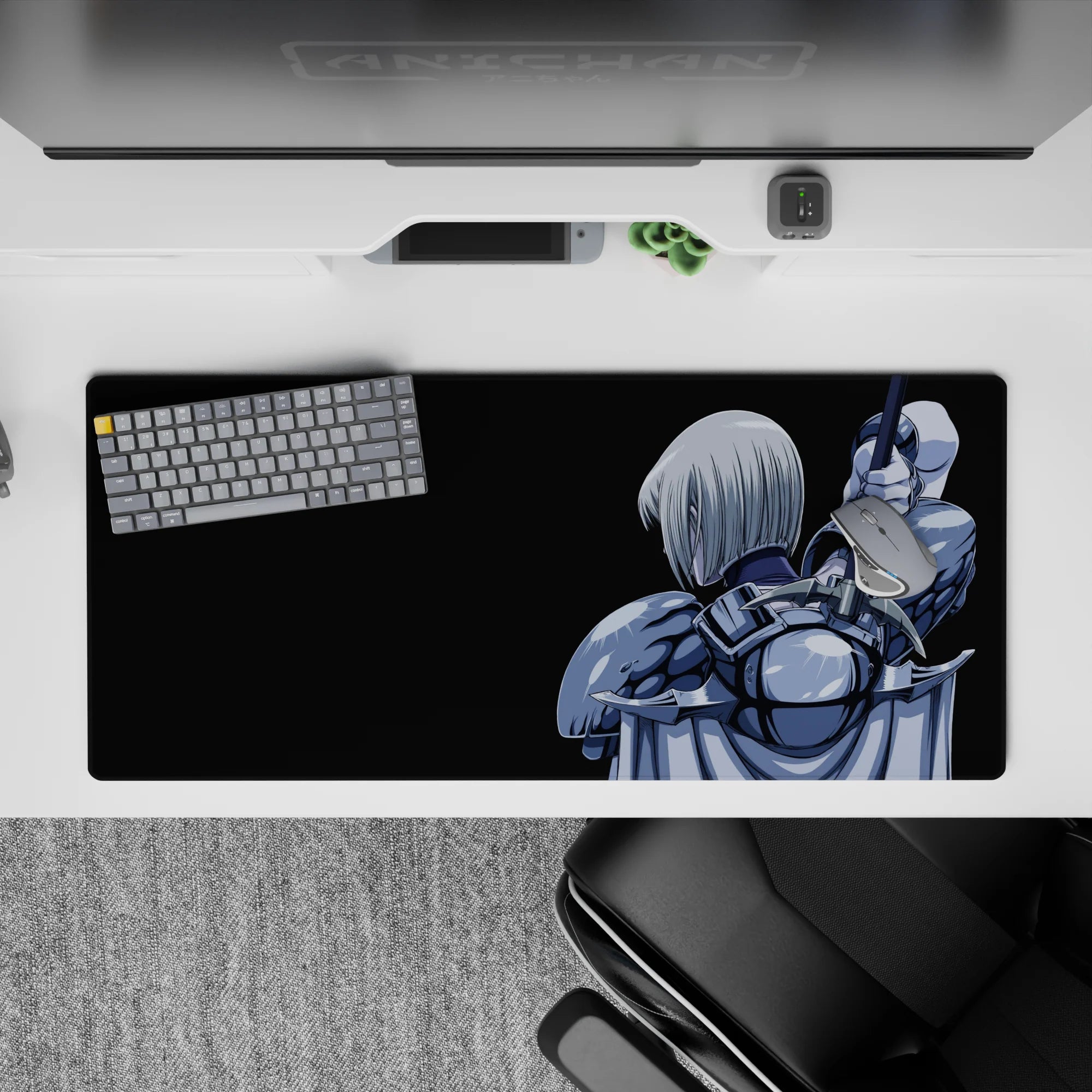 Steel-blue armor on a 36x16 inches anime girl desk pad, glossy highlights and moody dark aesthetic.