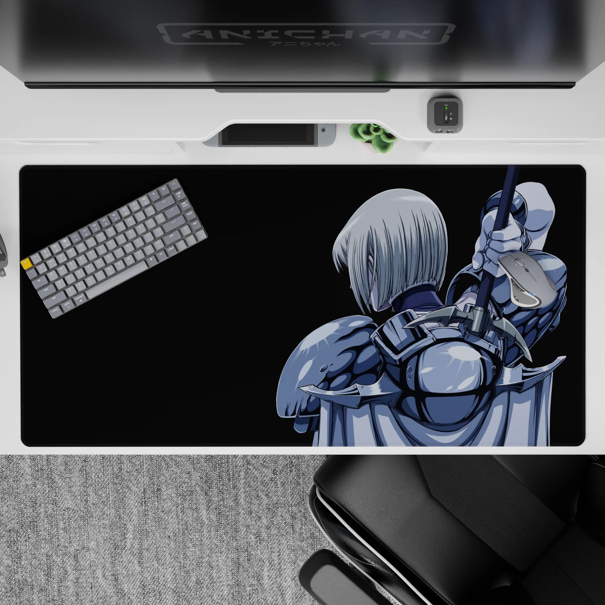Moody steel-blue and silver anime desk pad 40x20 inches with glossy highlights on deep black.