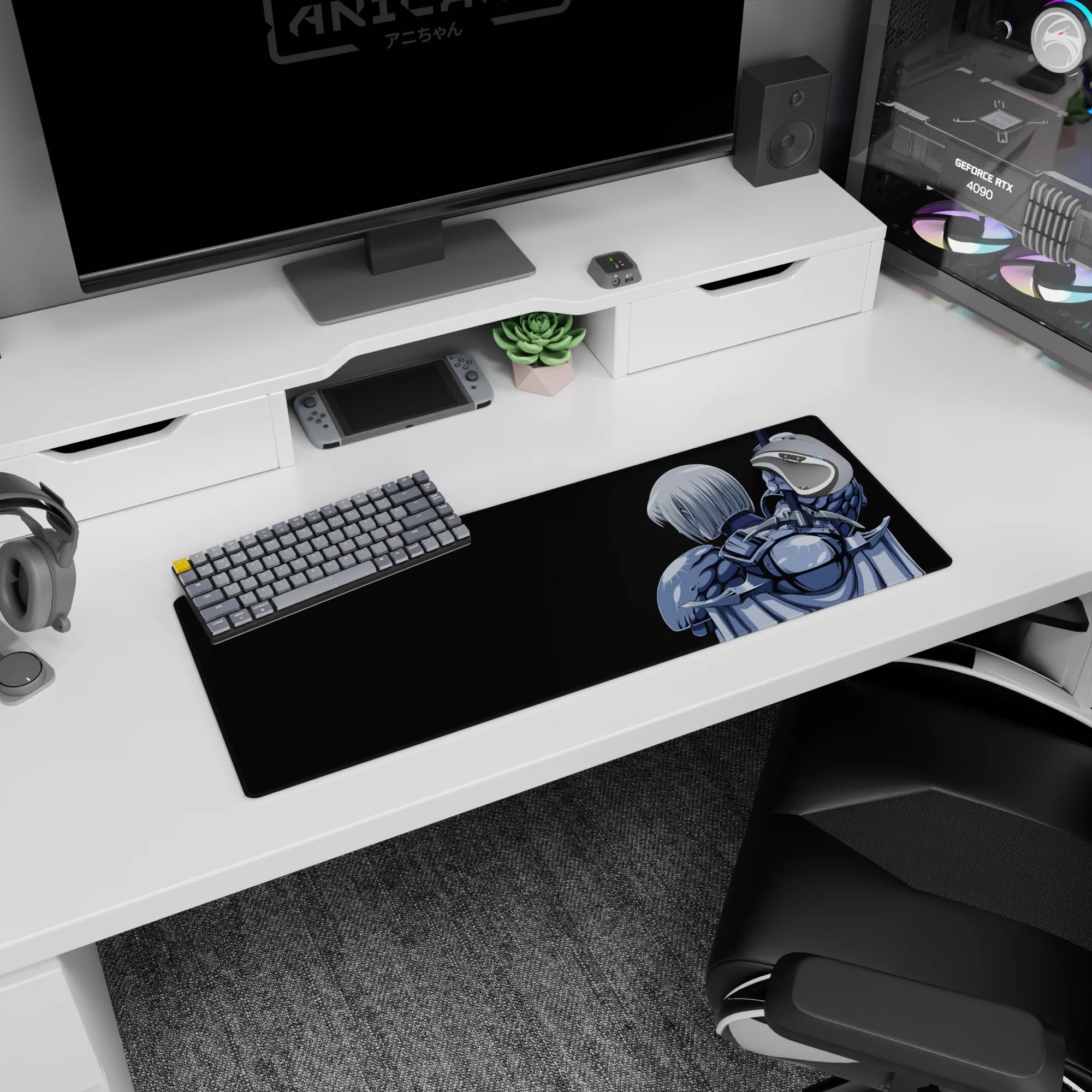 32x12 inches mouse pad showing a silver-haired swordswoman from behind, guarding the desk in armor.