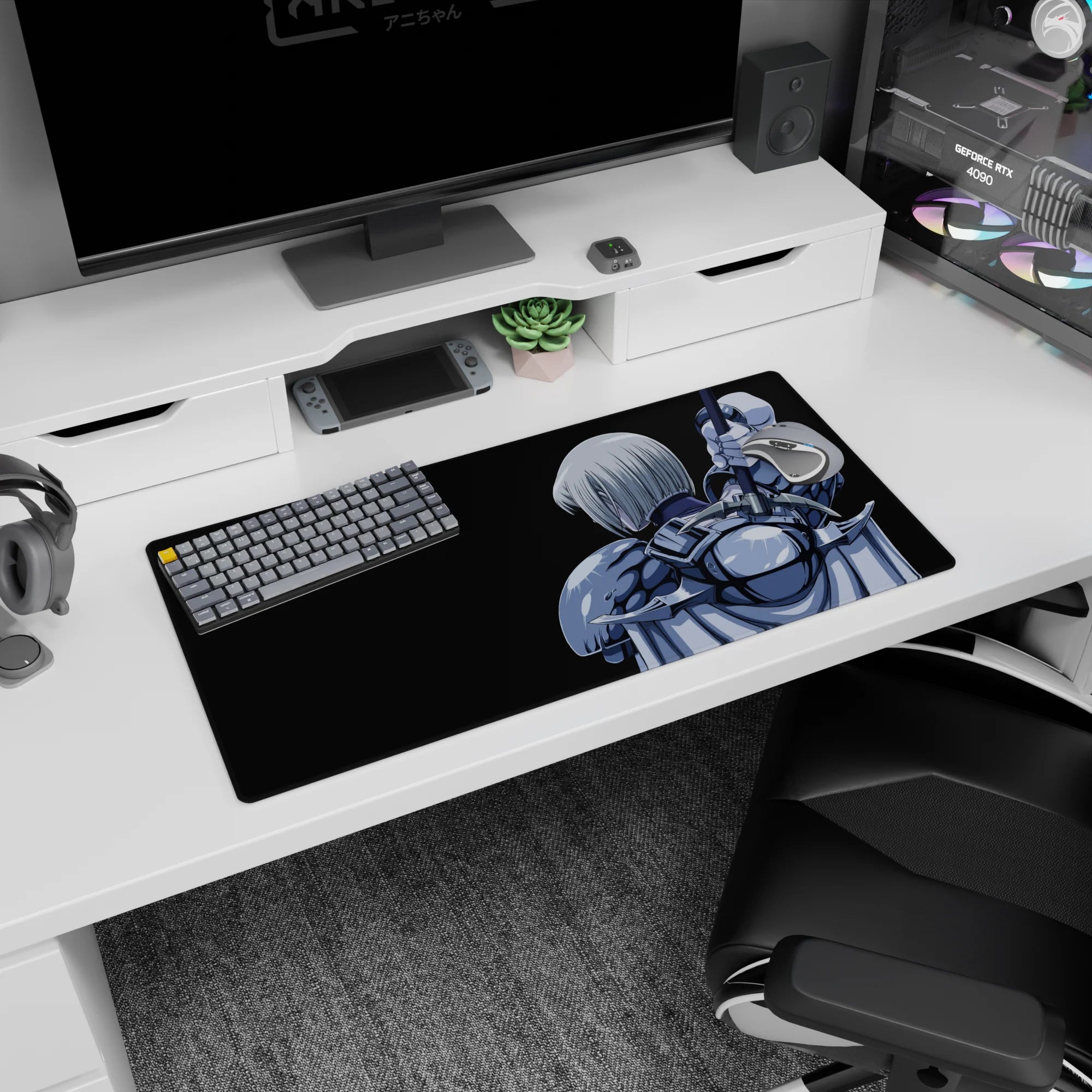 32x16 inches anime girl mouse pad showing a silver-haired swordswoman from behind, blade raised to guard.