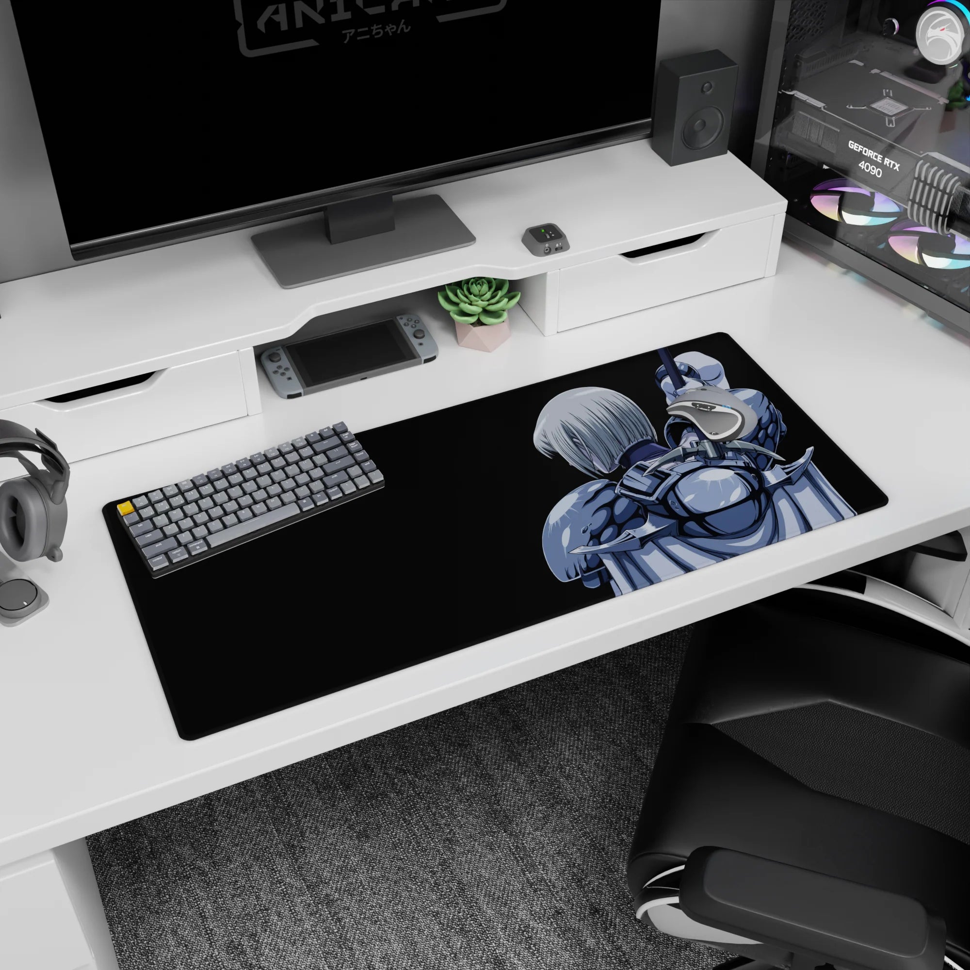 36x16 inches anime girl desk pad showing a back-view silver-haired swordswoman guarding the desk.