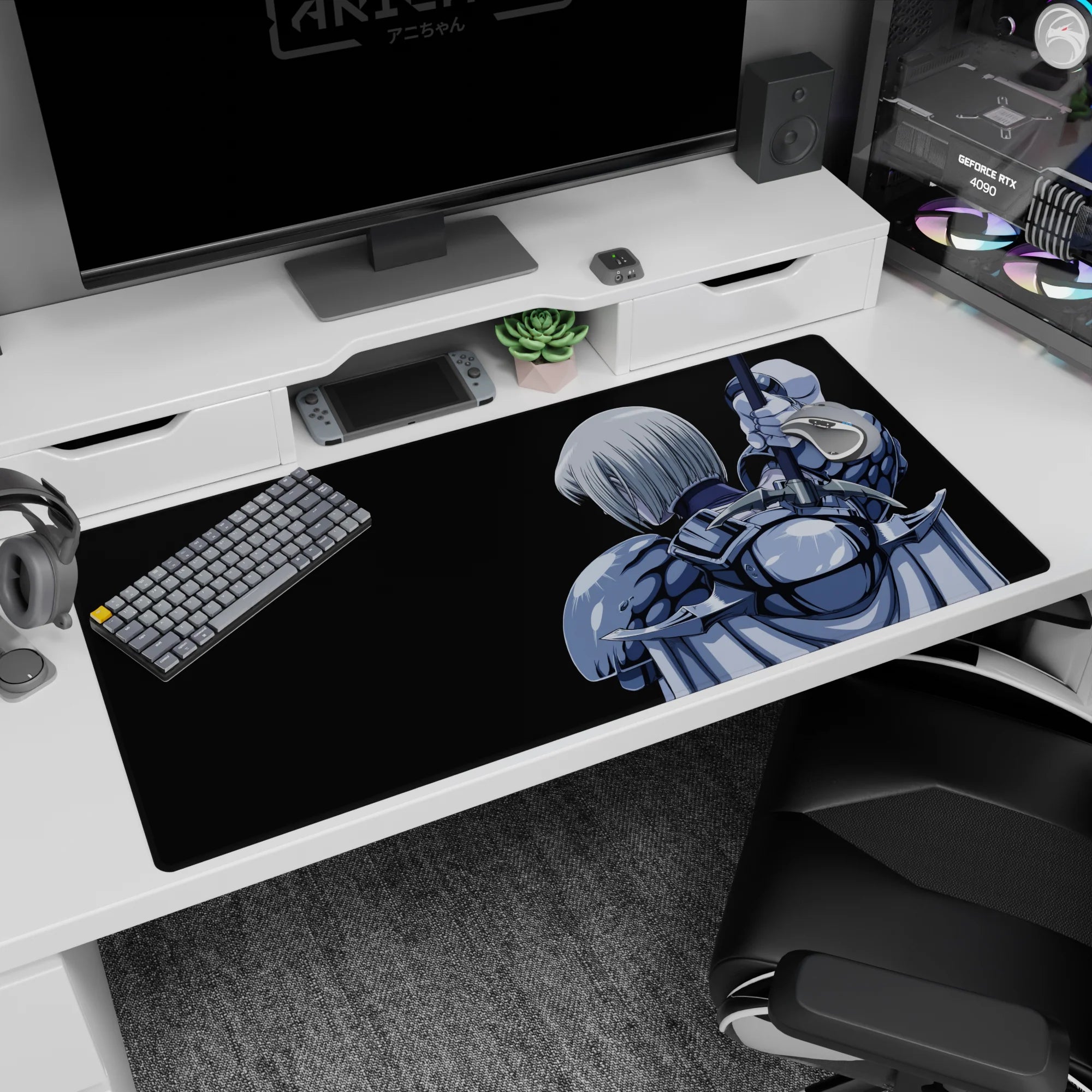 Rear-view silver-haired anime warrior with cape and sword guarding the desk pad, 40x20 inches.