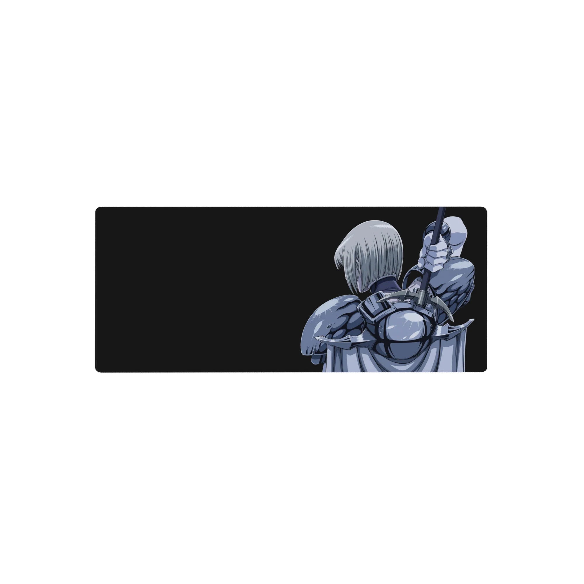 Anime girl mouse pad 28x12 inches with silver-haired armored warrior and raised sword on black background.