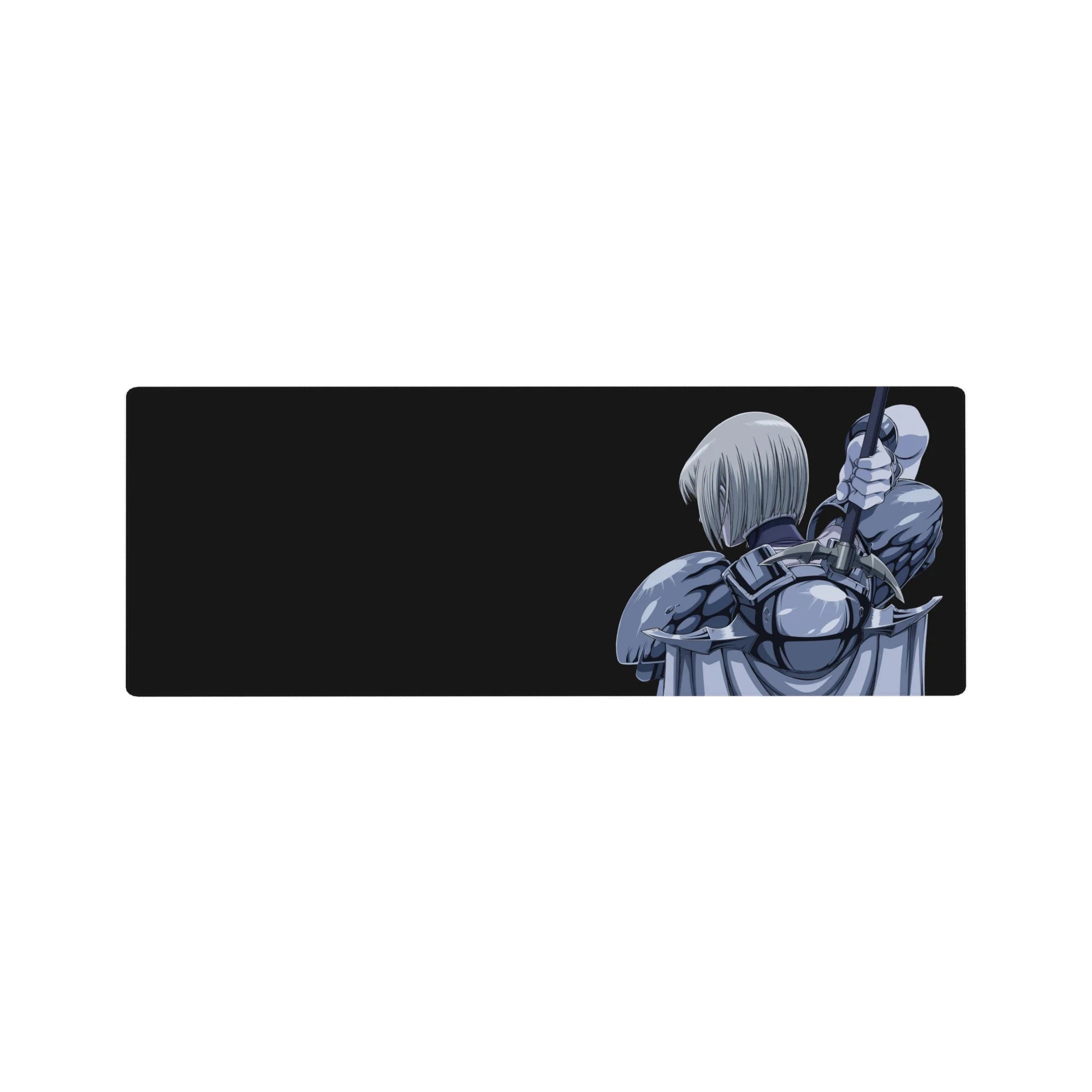 32x12 inches anime girl mouse pad with silver-haired warrior in armor, cape flowing, sword raised.