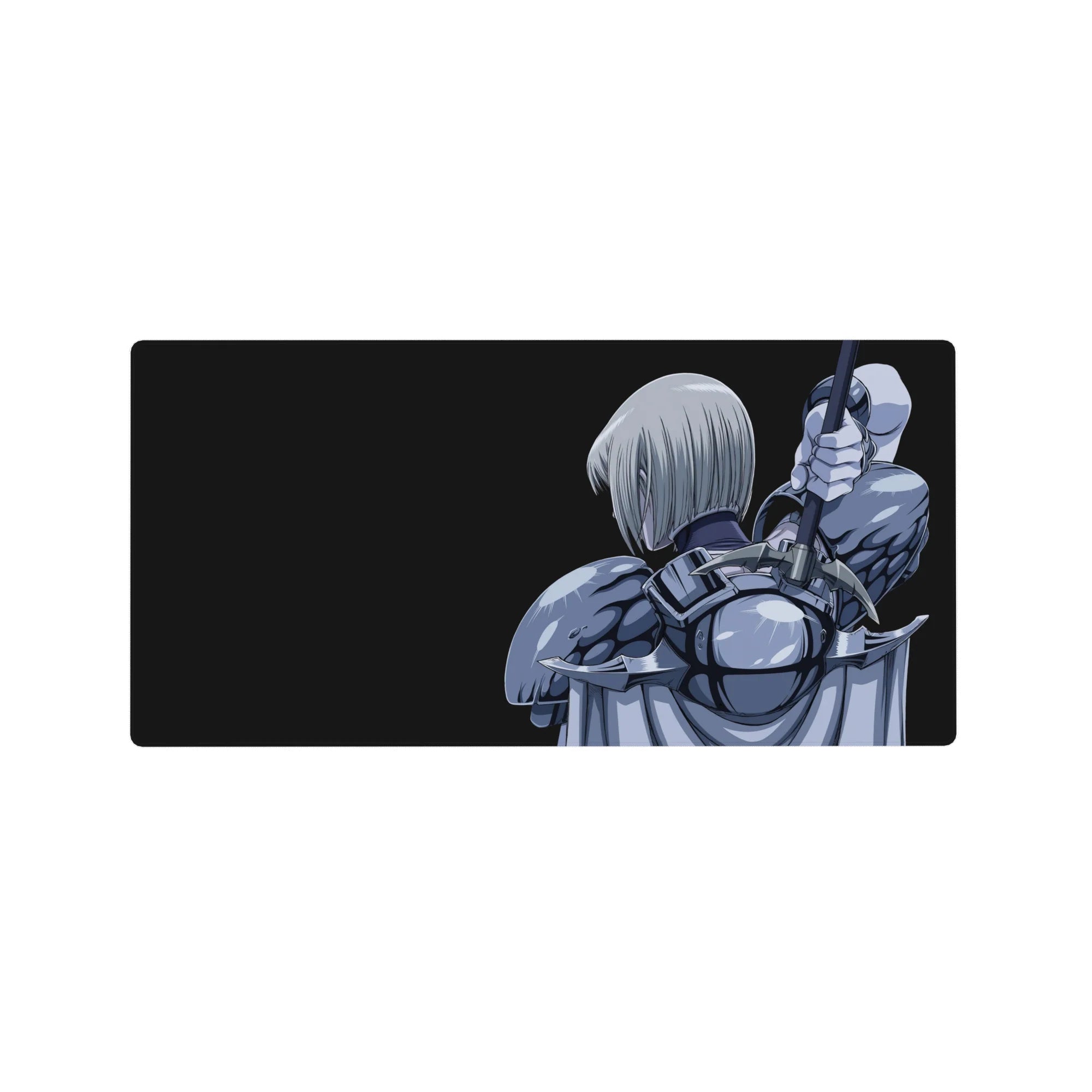 32x16 inches anime girl mouse pad with silver-haired warrior in armor, sleek sword-and-cape design.