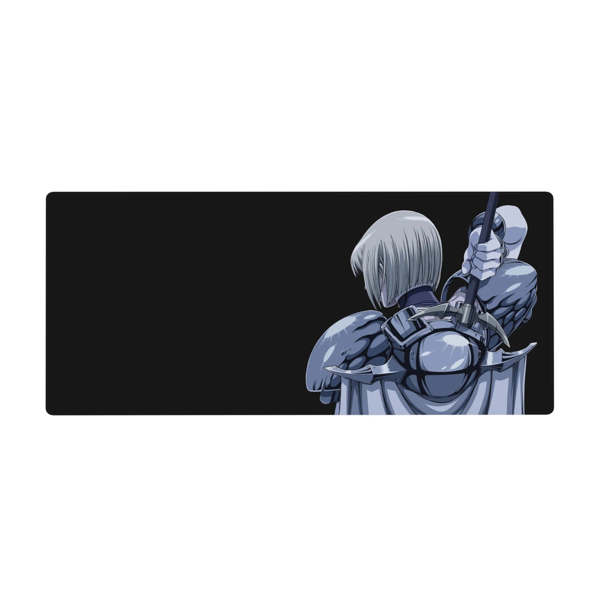 Anime girl desk pad 36x16 inches with silver-haired warrior and raised sword on a sleek black backdrop.