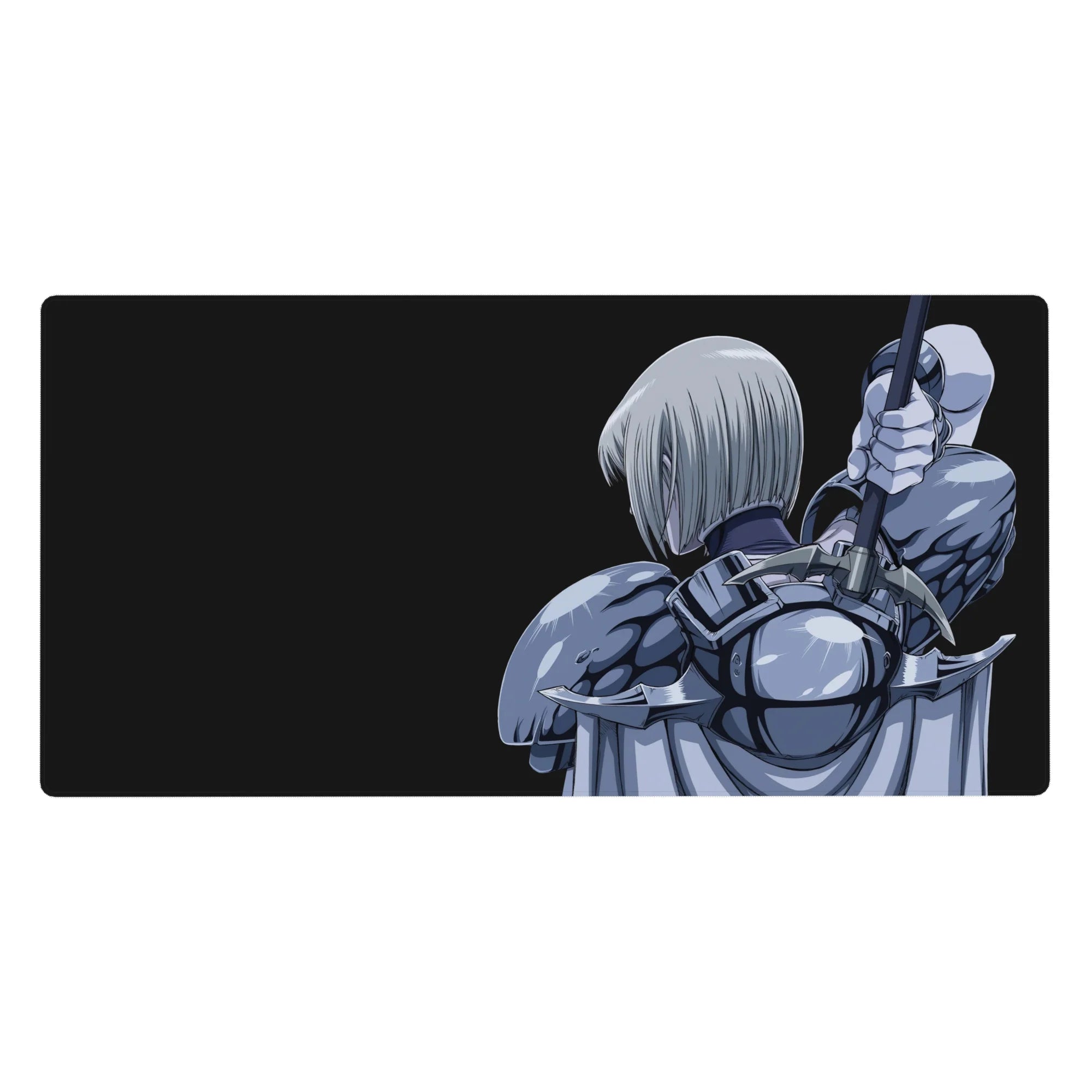 Anime girl desk pad 40x20 inches with silver-haired warrior, raised sword, and sleek armor on black.