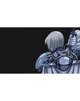 Anime girl desk pad 40x20 inches with silver-haired warrior, raised sword, and sleek armor on black.