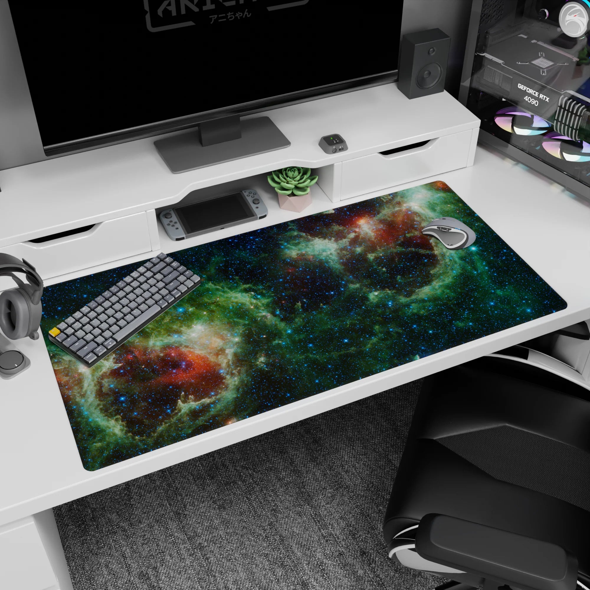 Starry deep-space nebula scene desk pad 40x20 inches with teal clouds and glitter-like stars.