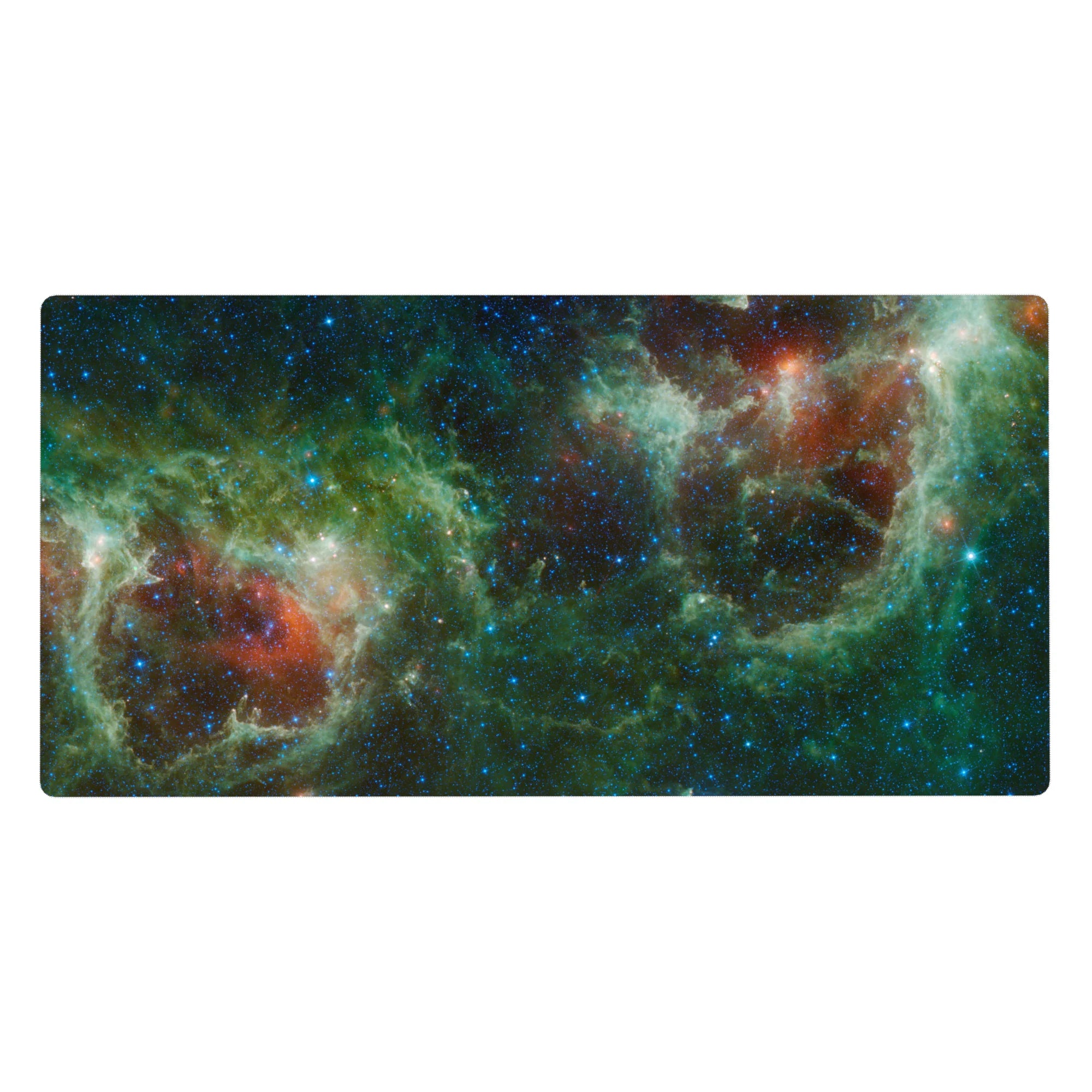 Nebula galaxy desk pad 40x20 inches with swirling gradients, speckled starlight, and cosmic texture.