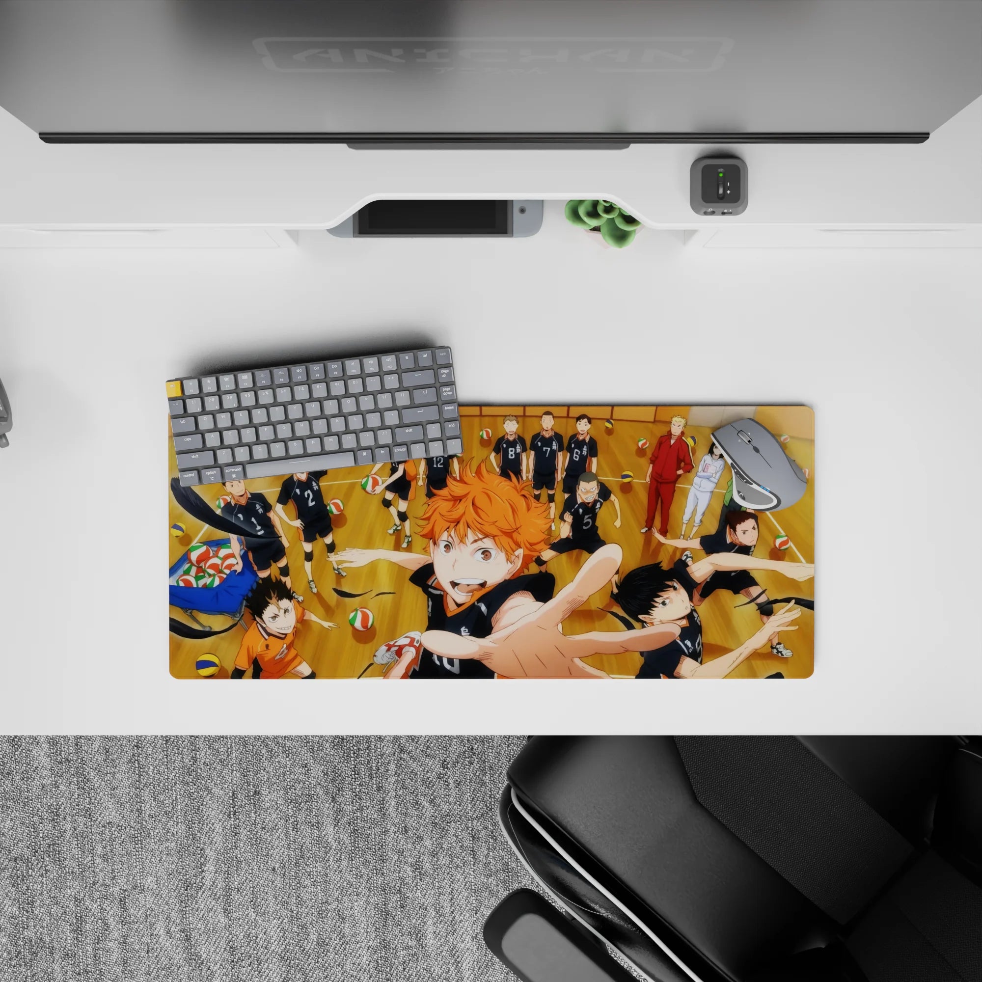 28x12 inches anime mouse pad with warm wood tones, black uniforms, orange highlights, loud team-spirit vibe.