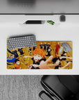 28x12 inches anime mouse pad with warm wood tones, black uniforms, orange highlights, loud team-spirit vibe.