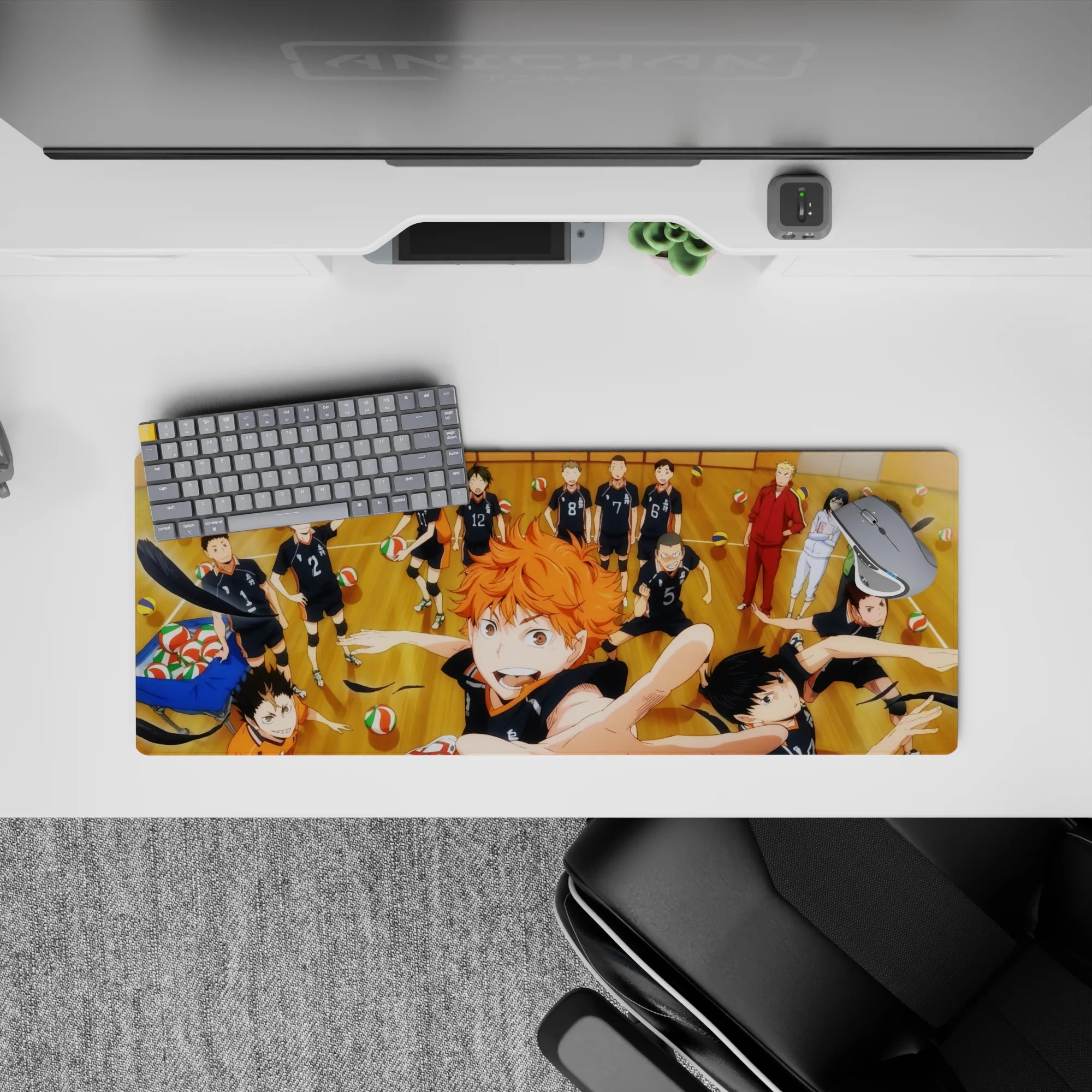 32x12 inches anime mouse pad in warm wood tones and bold black uniforms, energetic team spirit vibe.