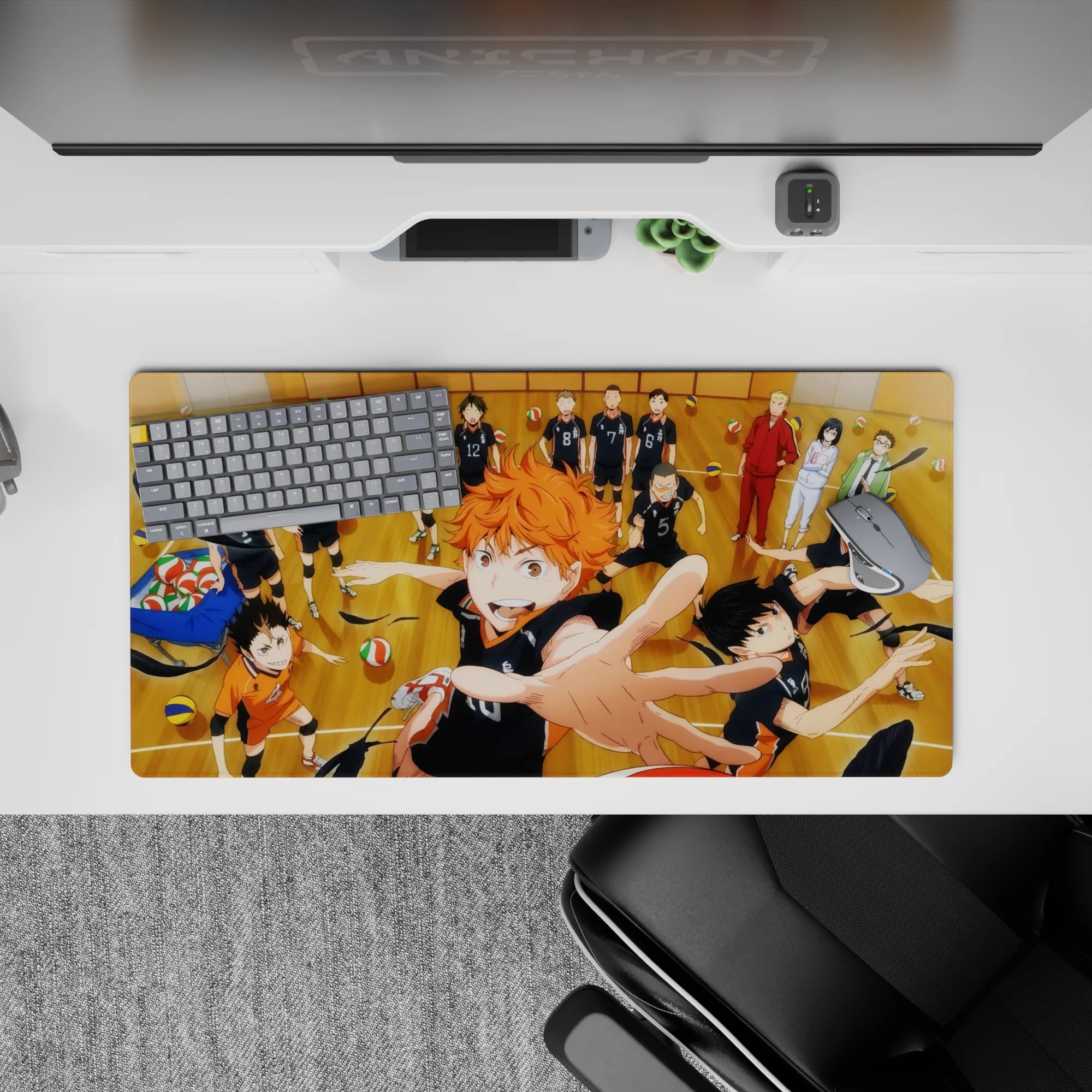 Anime mouse pad 32x16 inches with bold black uniforms, warm wood tones, and a loud, joyful team vibe.