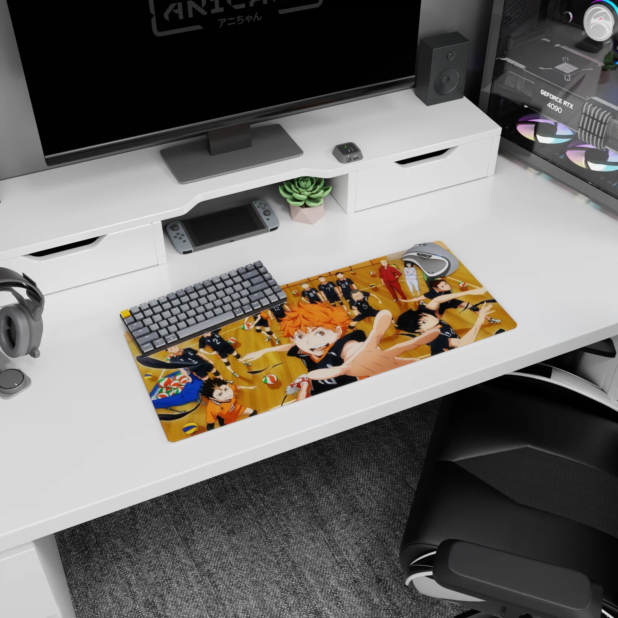 Haikyuu 28x12 inches anime mouse pad showing Hinata lunging forward, orange hair blazing, hand outstretched.