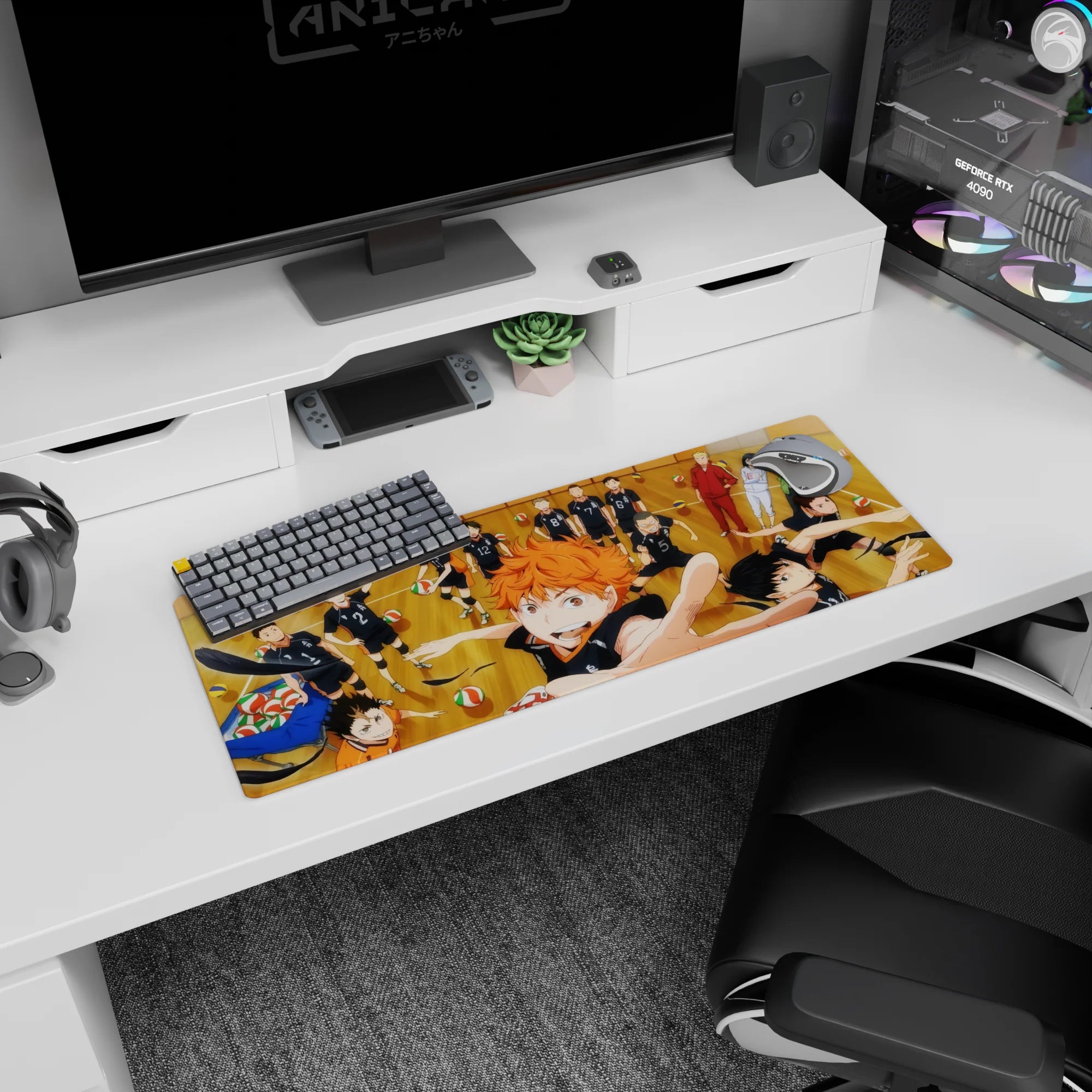 32x12 inches Haikyuu mouse pad featuring Hinata leaping forward, orange hair and outstretched hand.