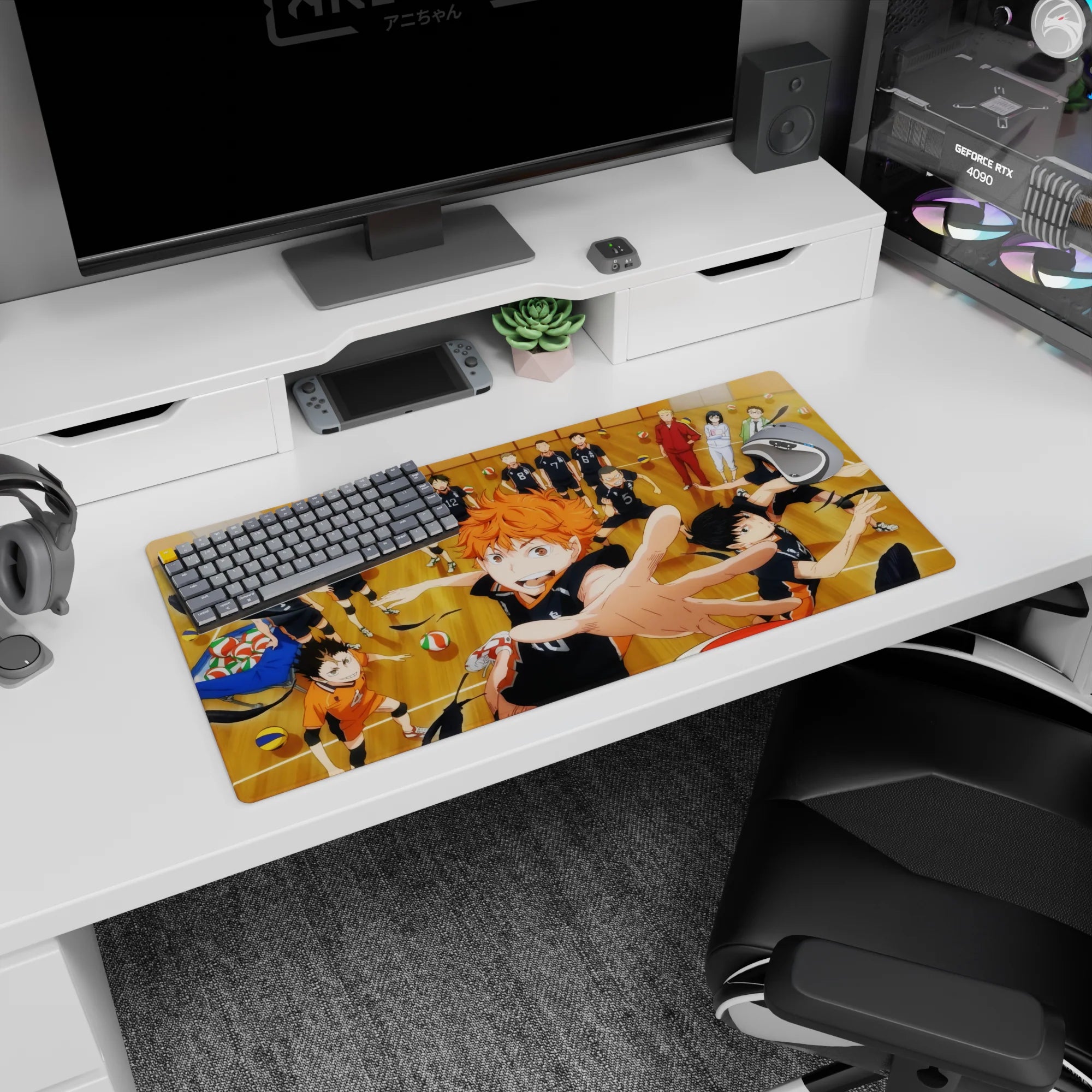 Haikyuu!! mouse pad 32x16 inches showing Hinata lunging forward, orange hair blazing for a winning point.