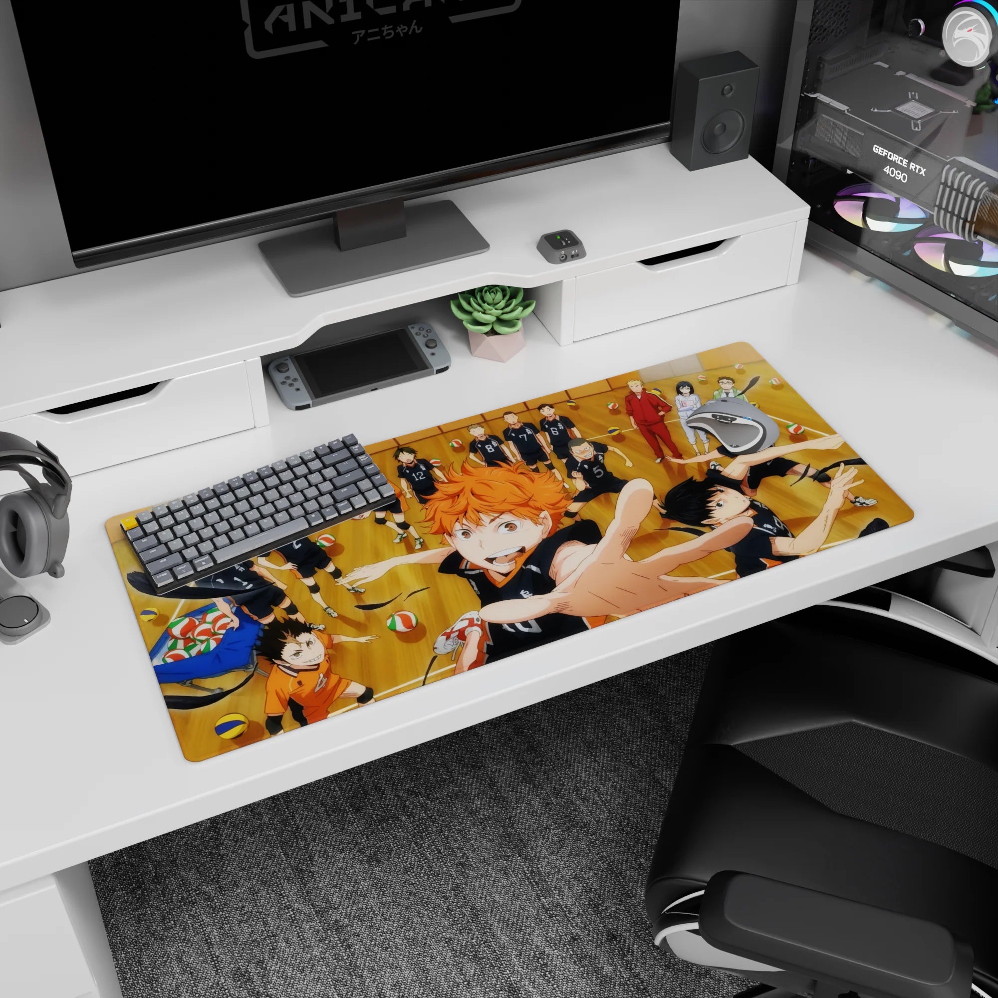 Hinata leaping forward with orange hair and outstretched hand on a 36x16 inches Haikyuu!! desk pad.