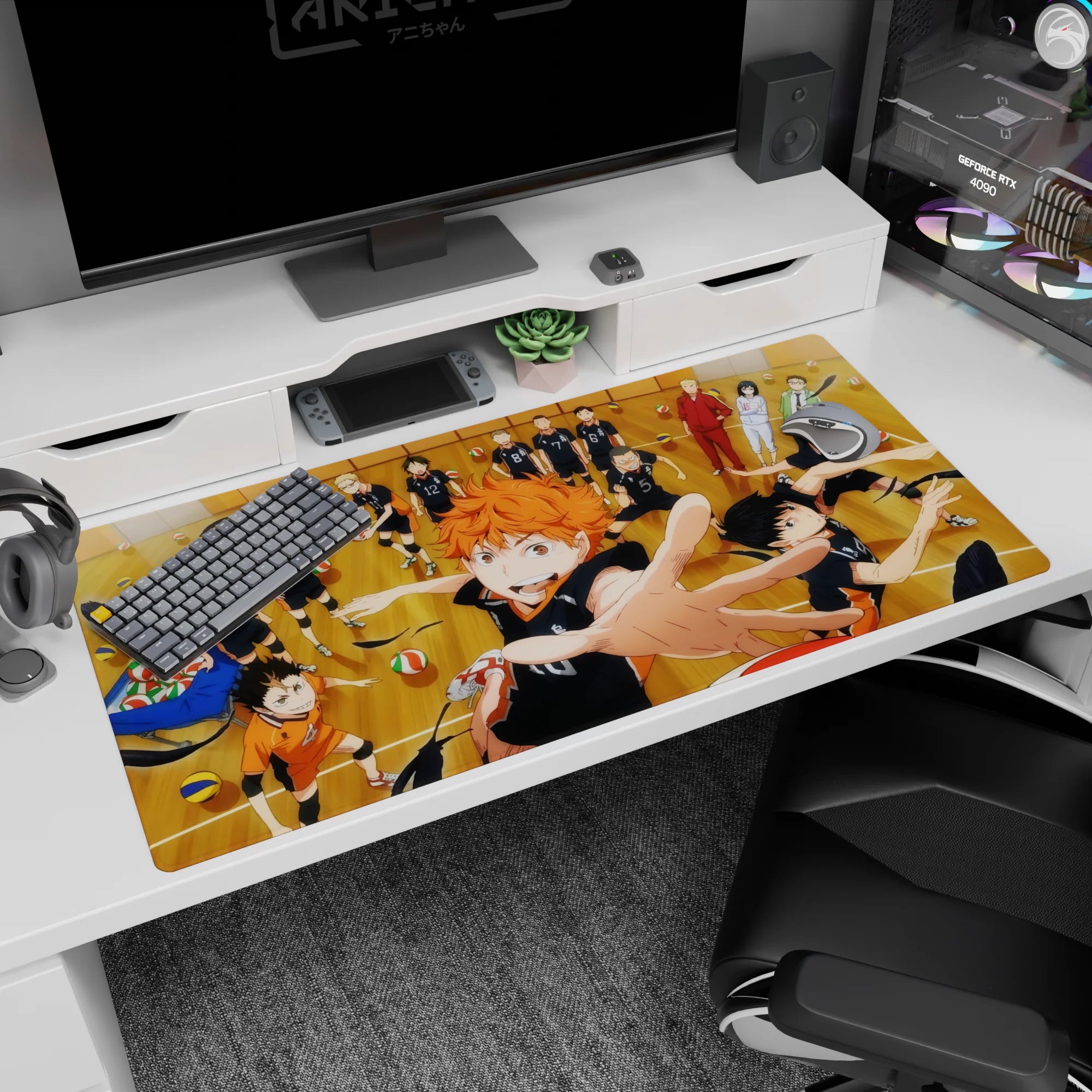 Haikyuu Hinata diving for the winning point on a 40x20 inches desk pad, teammates behind, volleyballs flying.