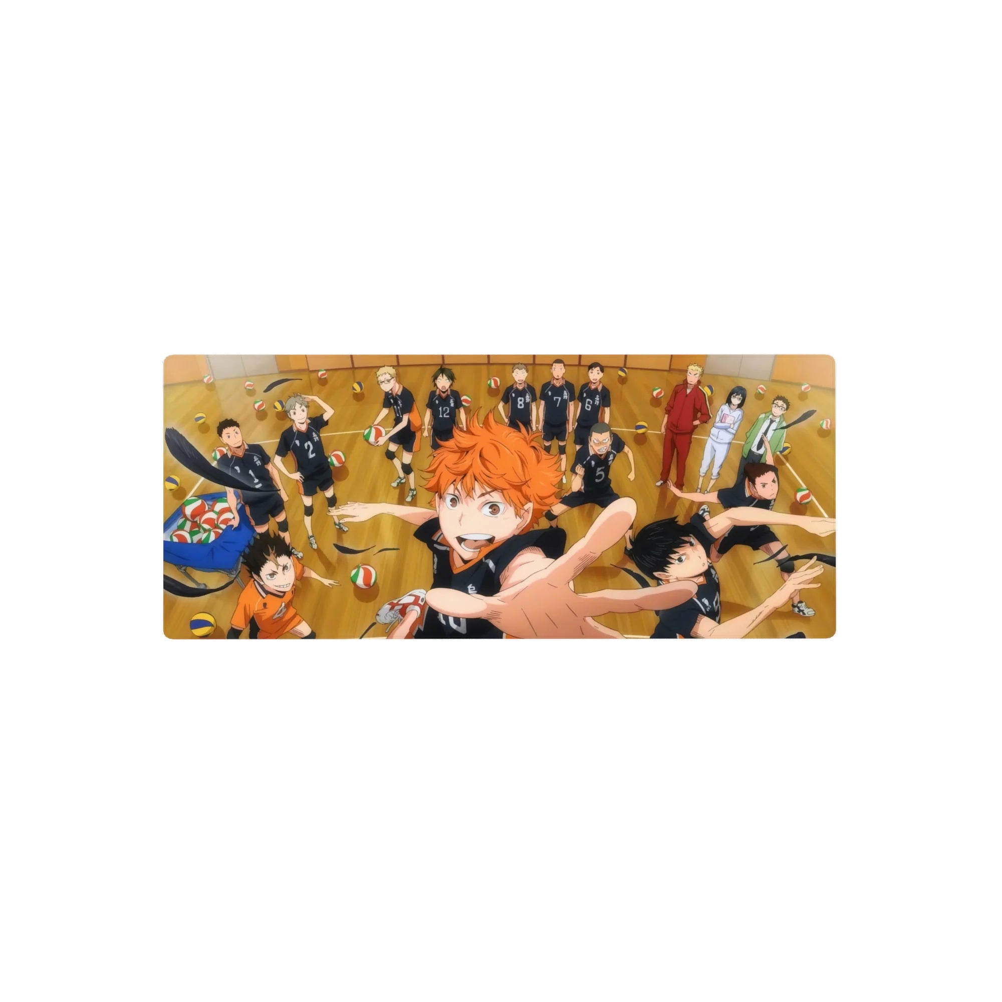 Haikyuu anime mouse pad 28x12 inches with Karasuno team on wooden court and scattered volleyballs.