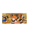 Haikyuu anime mouse pad 28x12 inches with Karasuno team on wooden court and scattered volleyballs.