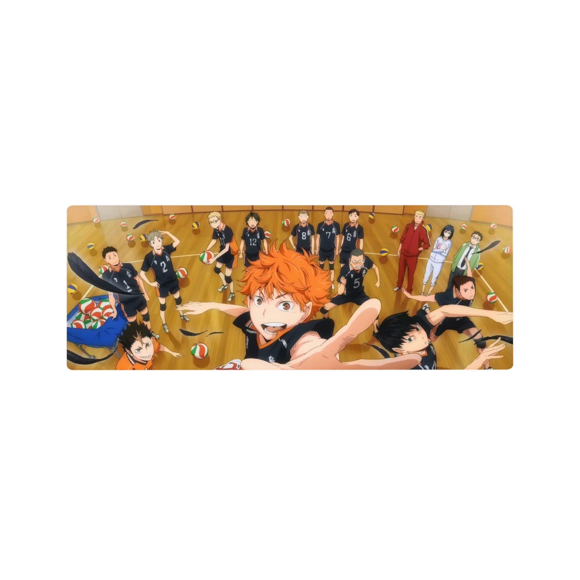 Haikyuu!! anime mouse pad 32x12 inches with Karasuno players on a wooden court, volleyballs scattered.