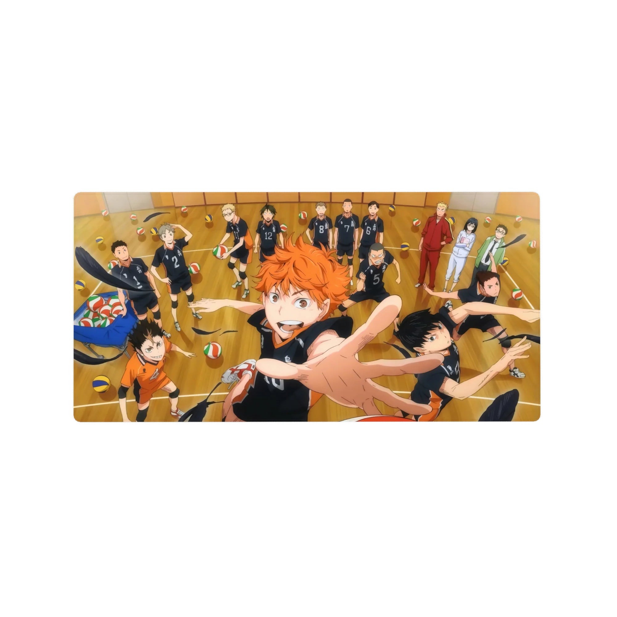 Haikyuu!! anime mouse pad 32x16 inches featuring Karasuno team on a wooden court with volleyballs.