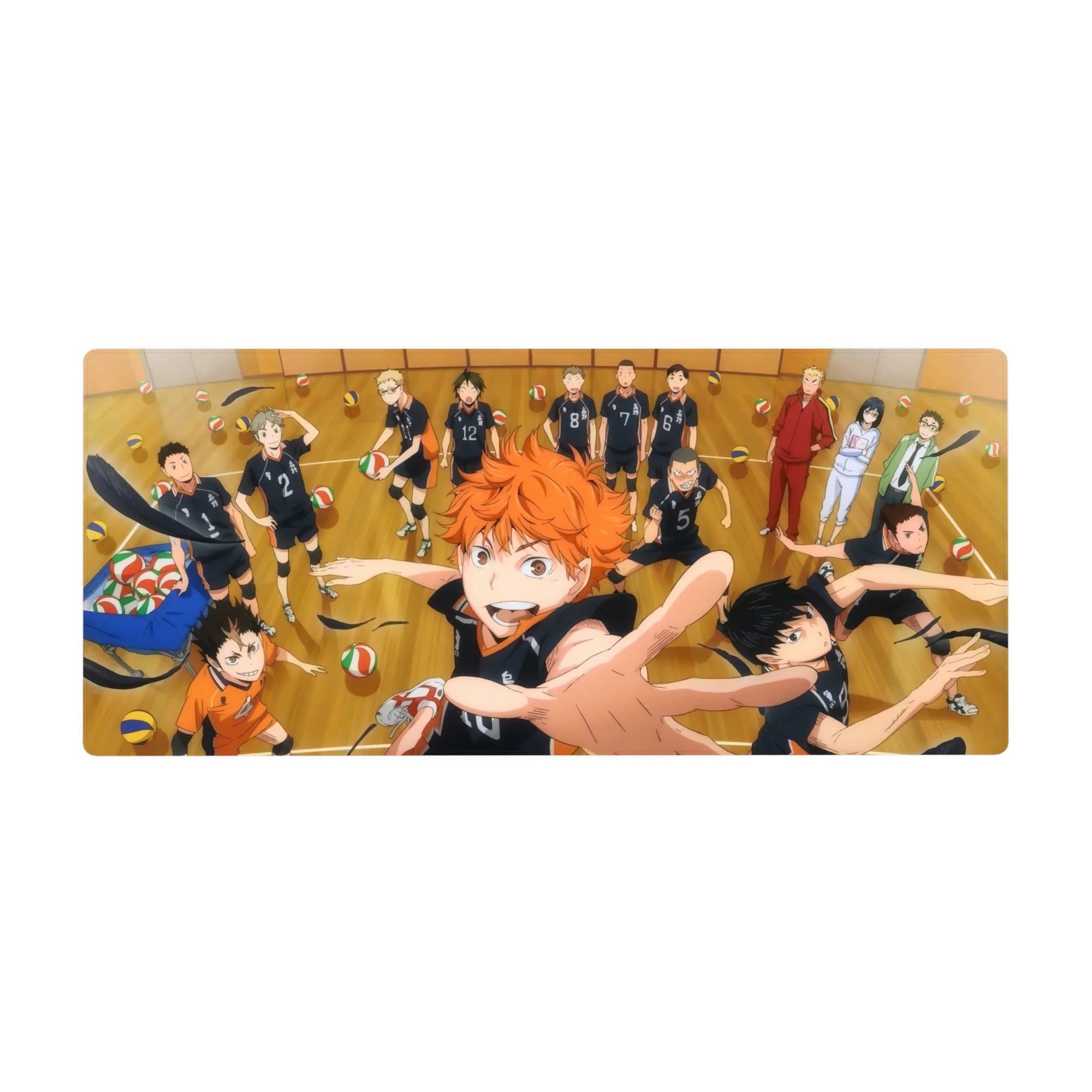 Haikyuu!! anime desk pad 36x16 inches with Karasuno team on wooden court, volleyball action scene.