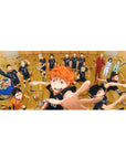 Haikyuu!! anime desk pad 36x16 inches with Karasuno team on wooden court, volleyball action scene.