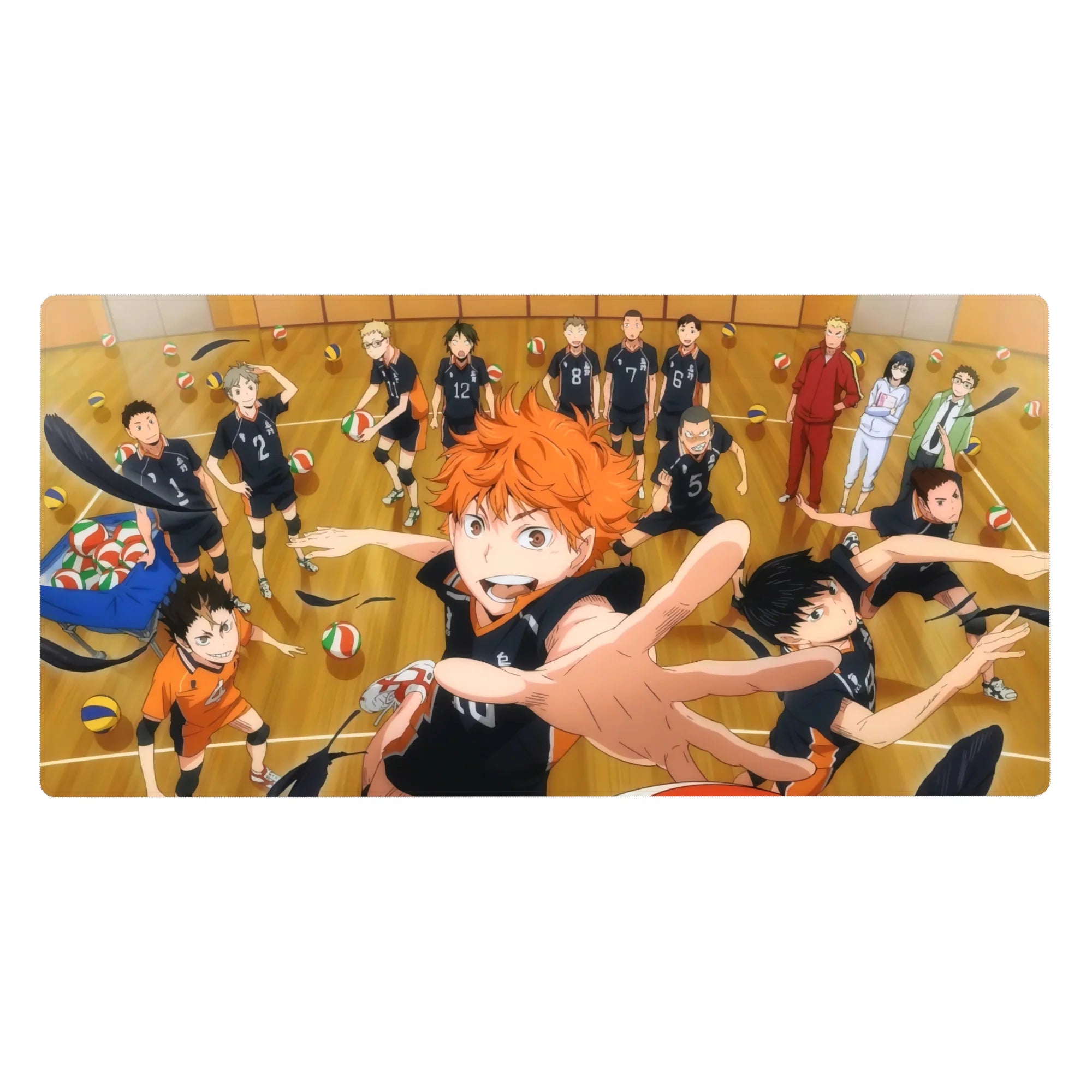 Haikyuu anime desk pad 40x20 inches with Karasuno volleyball action on a wooden court, dynamic perspective.