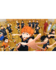 Haikyuu anime desk pad 40x20 inches with Karasuno volleyball action on a wooden court, dynamic perspective.