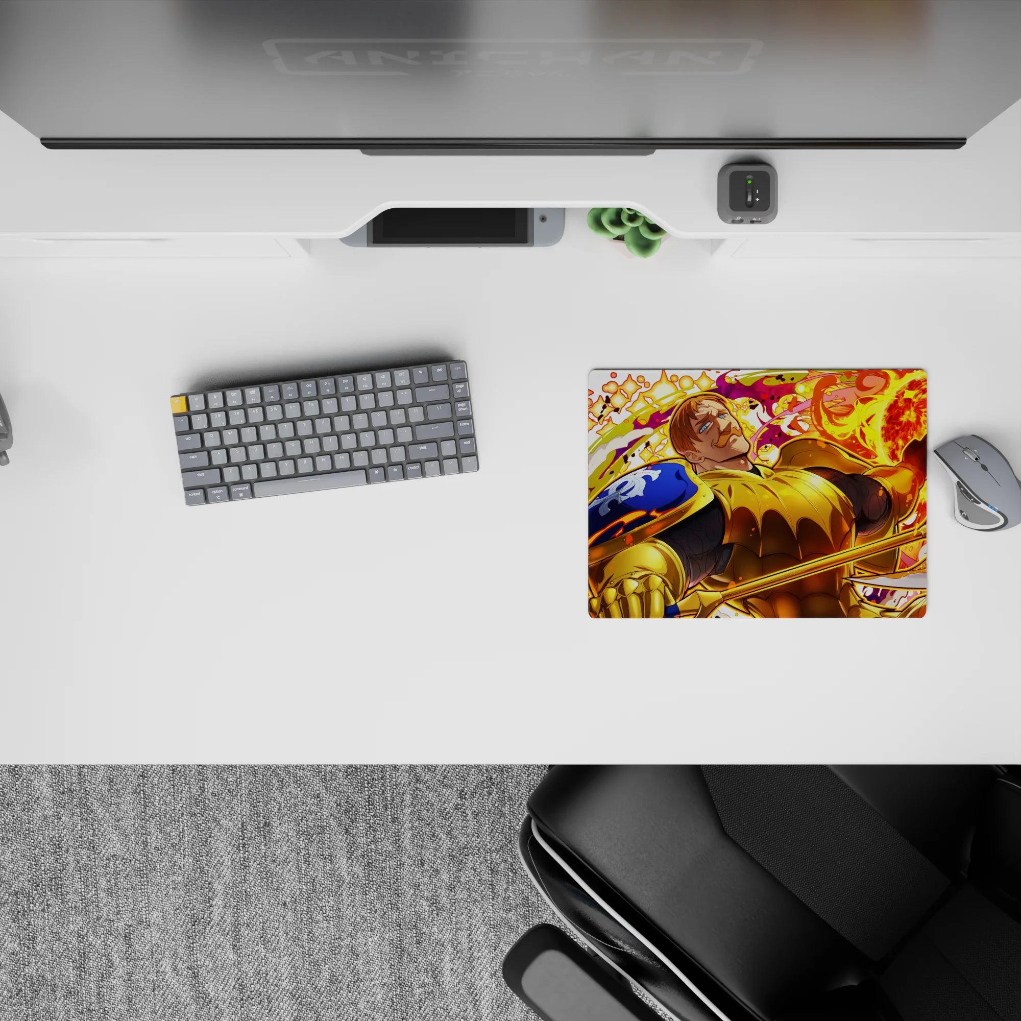 Fiery orange and neon yellow anime mouse pad 14x10 inches with sparks, molten swirls, and bold warm glow.