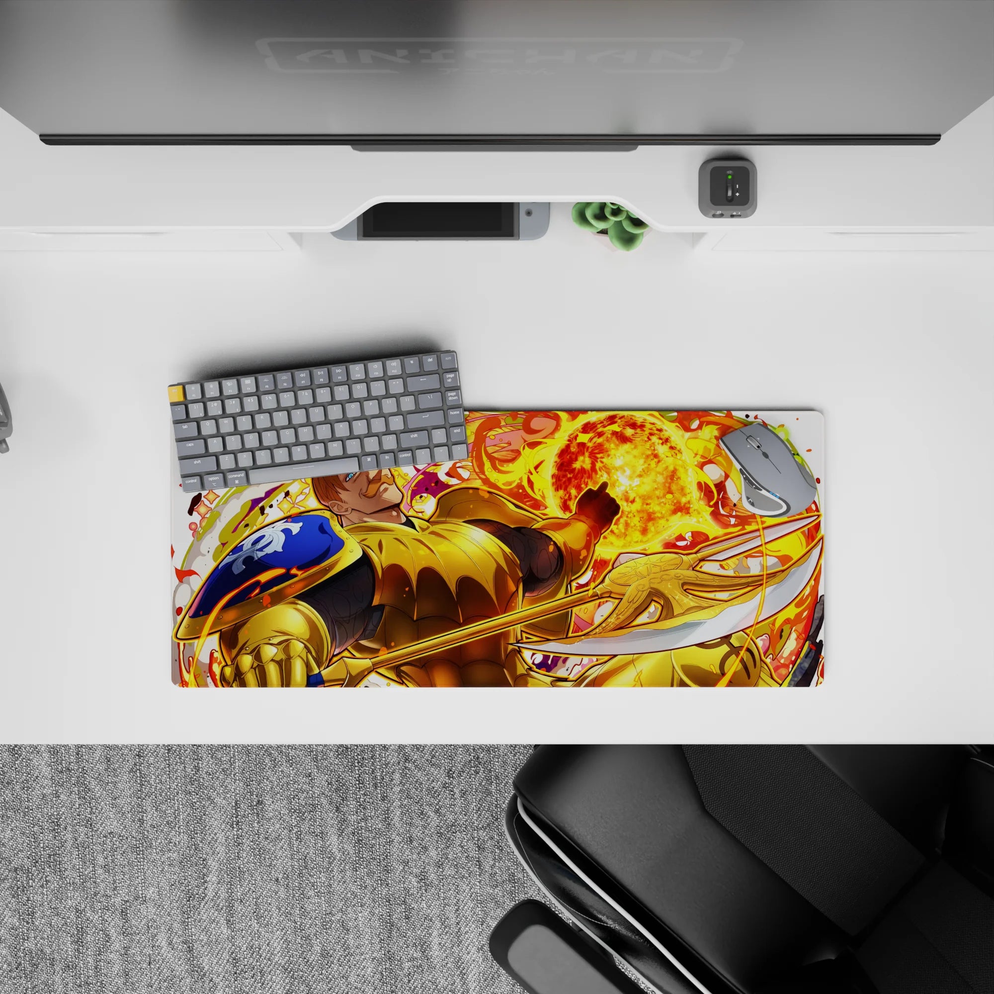 28x12 inches anime mouse pad in hot orange and neon yellow flames, molten sparks, bold high-energy vibe.